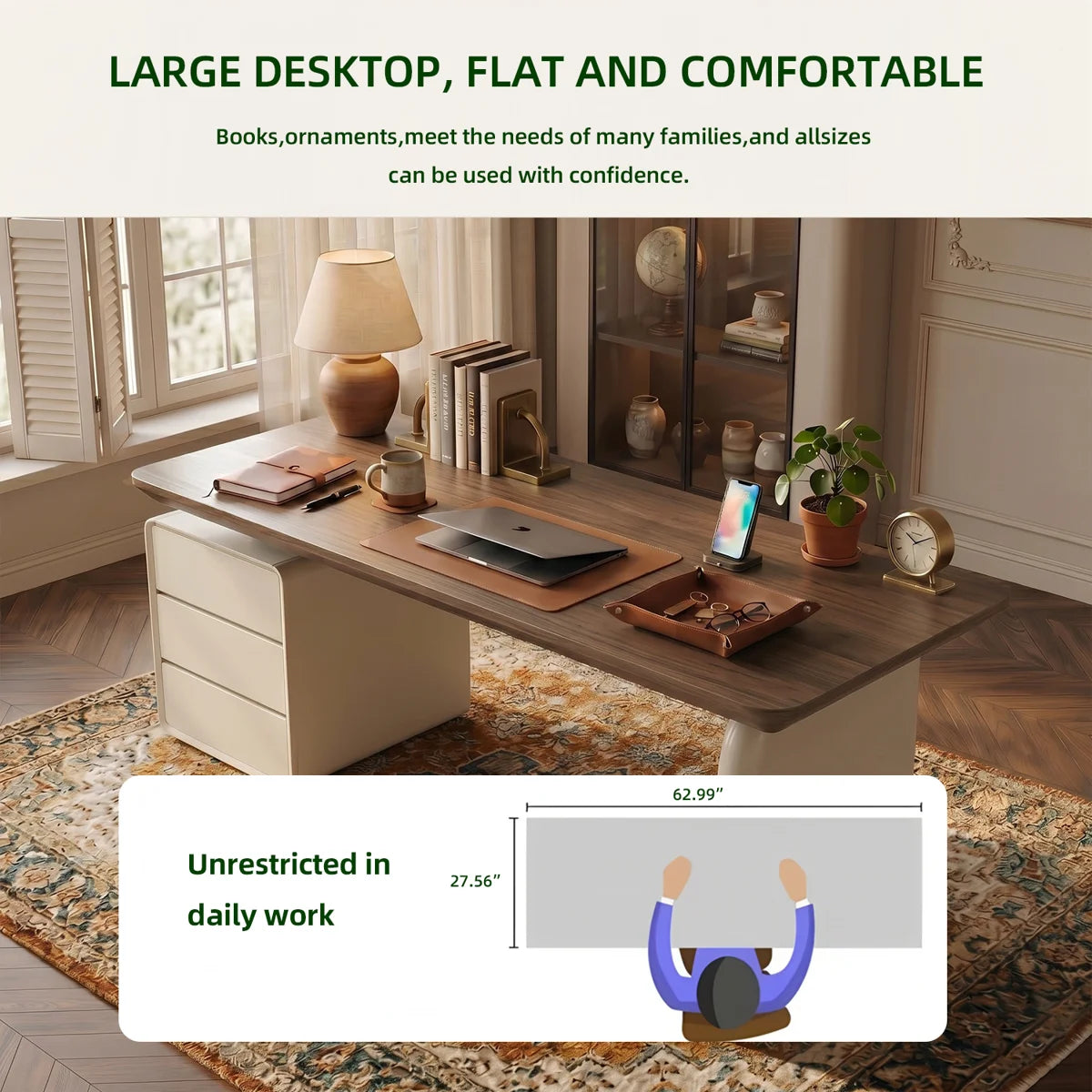 Modern Wood Writing Desk with Storage Drawers, 70.86'' Large Home Office Desk with Built-in 3 Drawer Cabinet