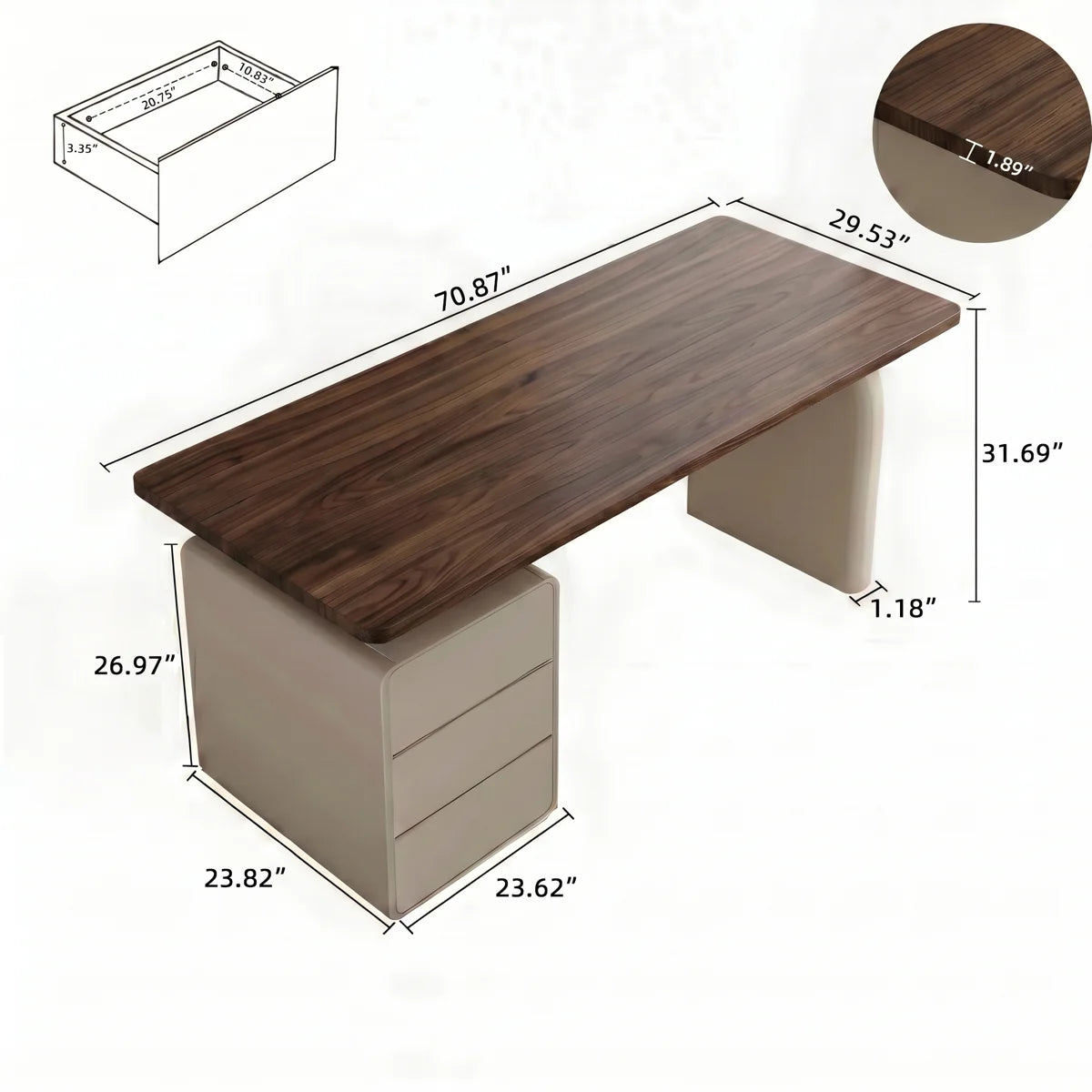 Modern Wood Writing Desk with Storage Drawers, 70.86'' Large Home Office Desk with Built-in 3 Drawer Cabinet