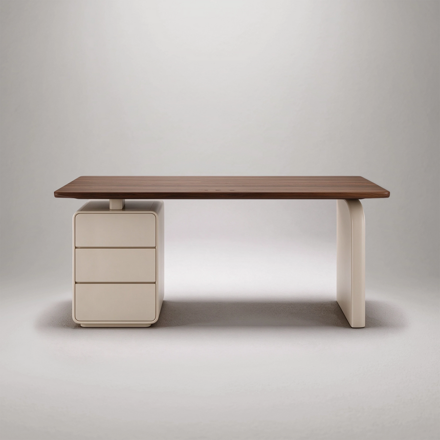 Sculptural Executive Desk with 3-Drawer Storage Cabinet & Rounded Corners