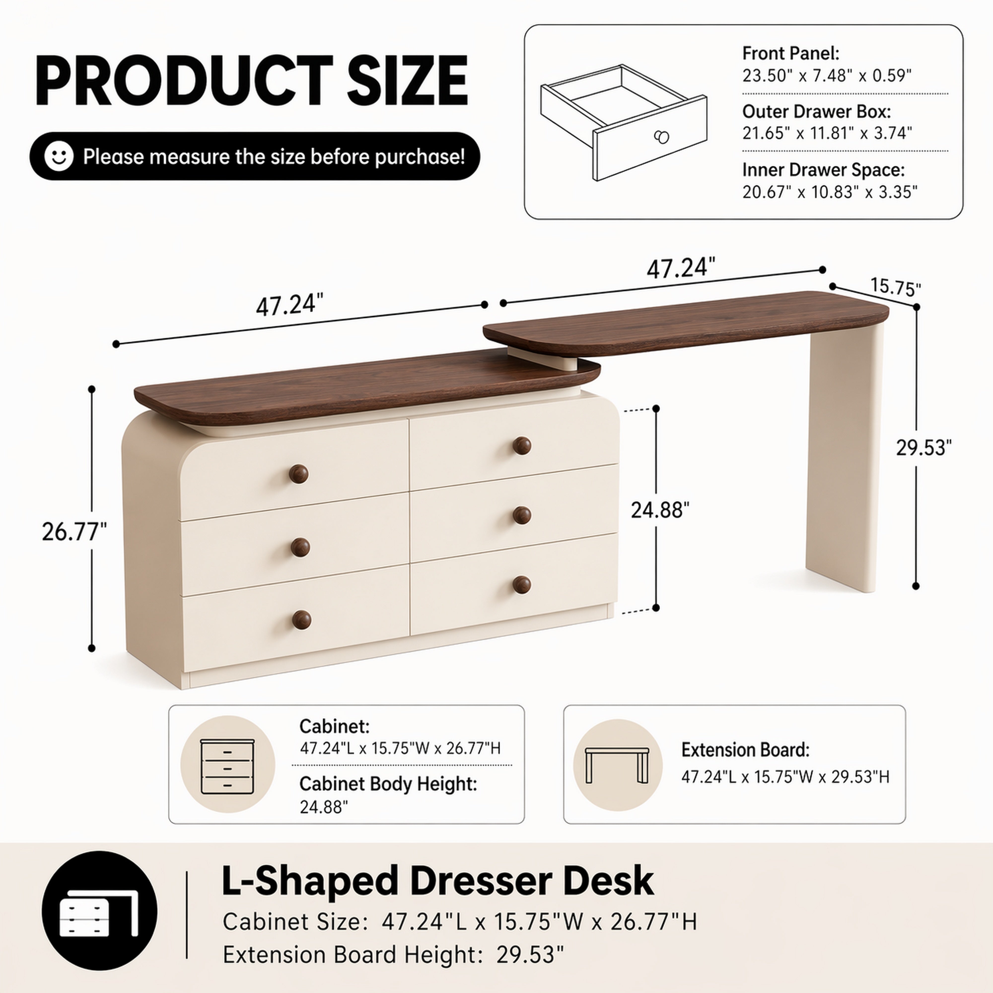 6-Drawer Dresser and Extendable Vanity Desk Combo with Solid Wood Handles - View 7