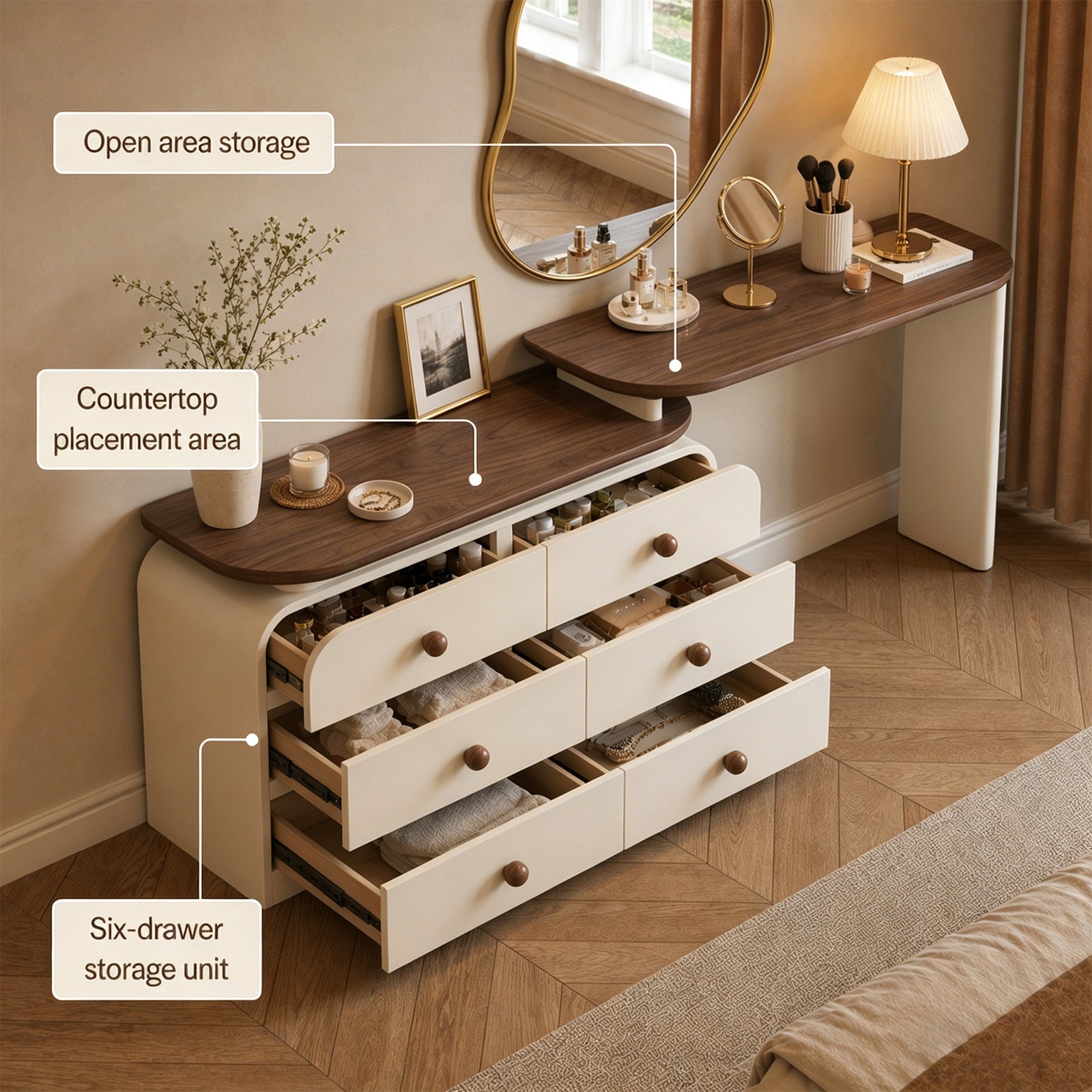 6-Drawer Dresser and Extendable Vanity Desk Combo with Solid Wood Handles - View 9