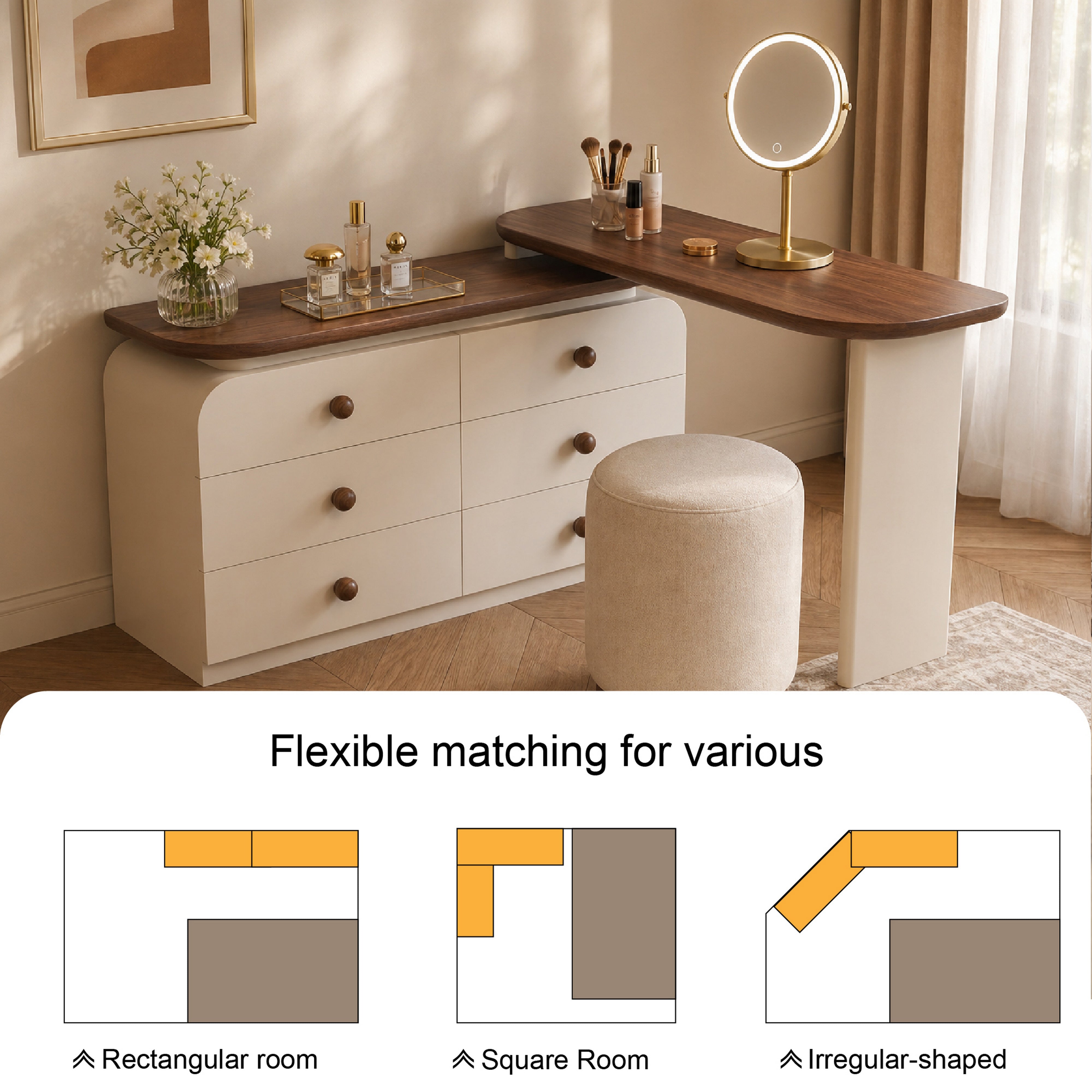 6-Drawer Dresser and Extendable Vanity Desk Combo with Solid Wood Handles - View 10