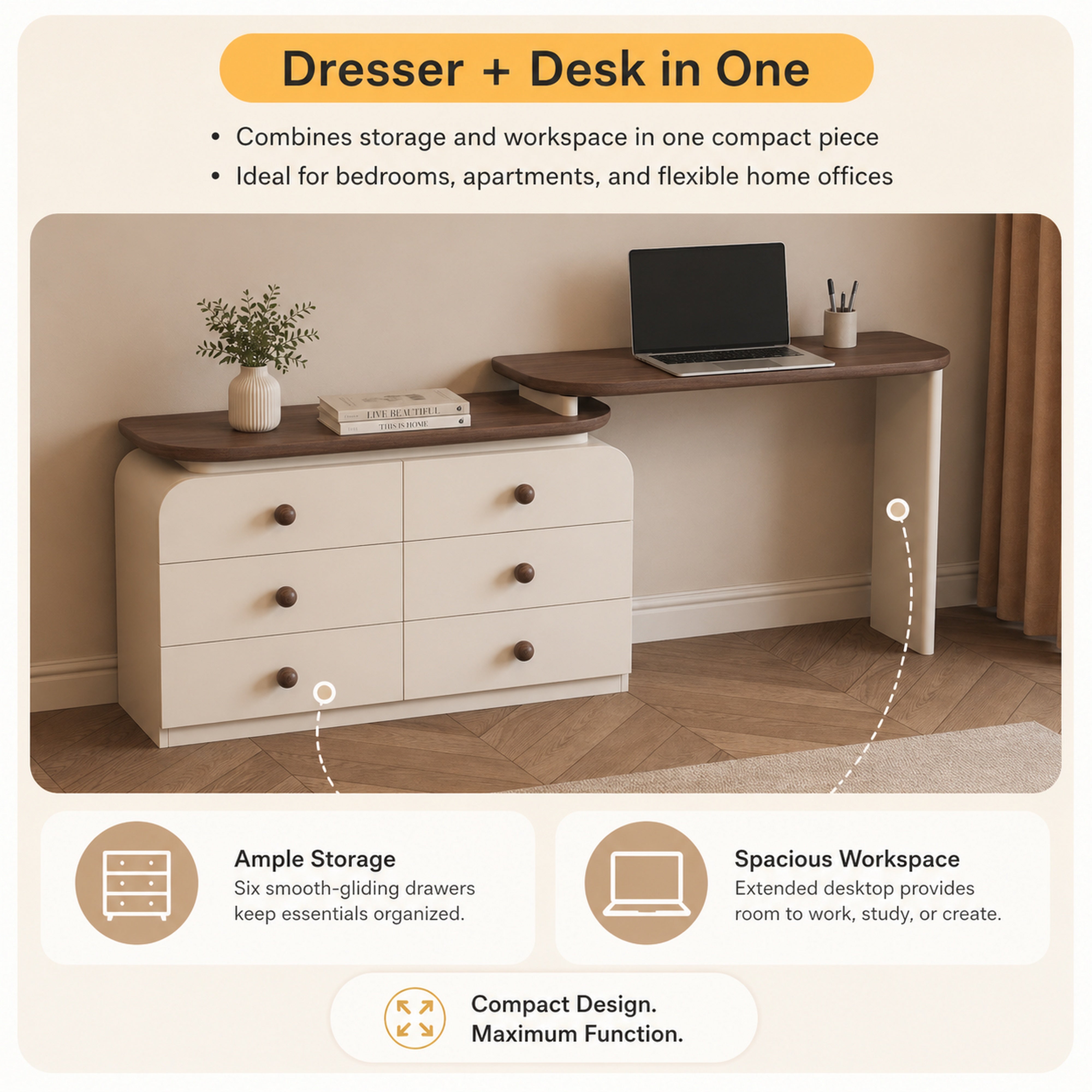 6-Drawer Dresser and Extendable Vanity Desk Combo with Solid Wood Handles - View 8