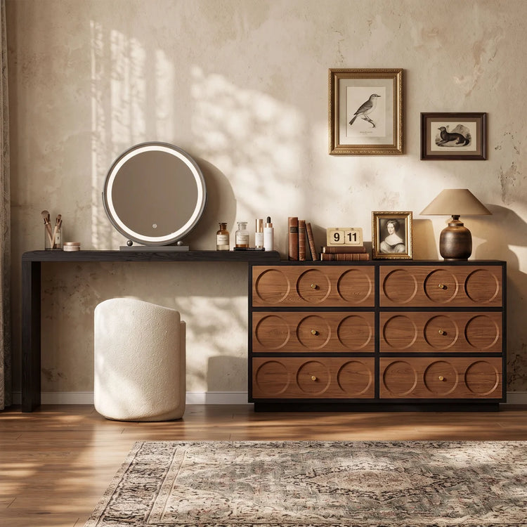47.2'' Medieval Modern Style Adjustable Black Walnut Dressing Table Set, with 6 drawers