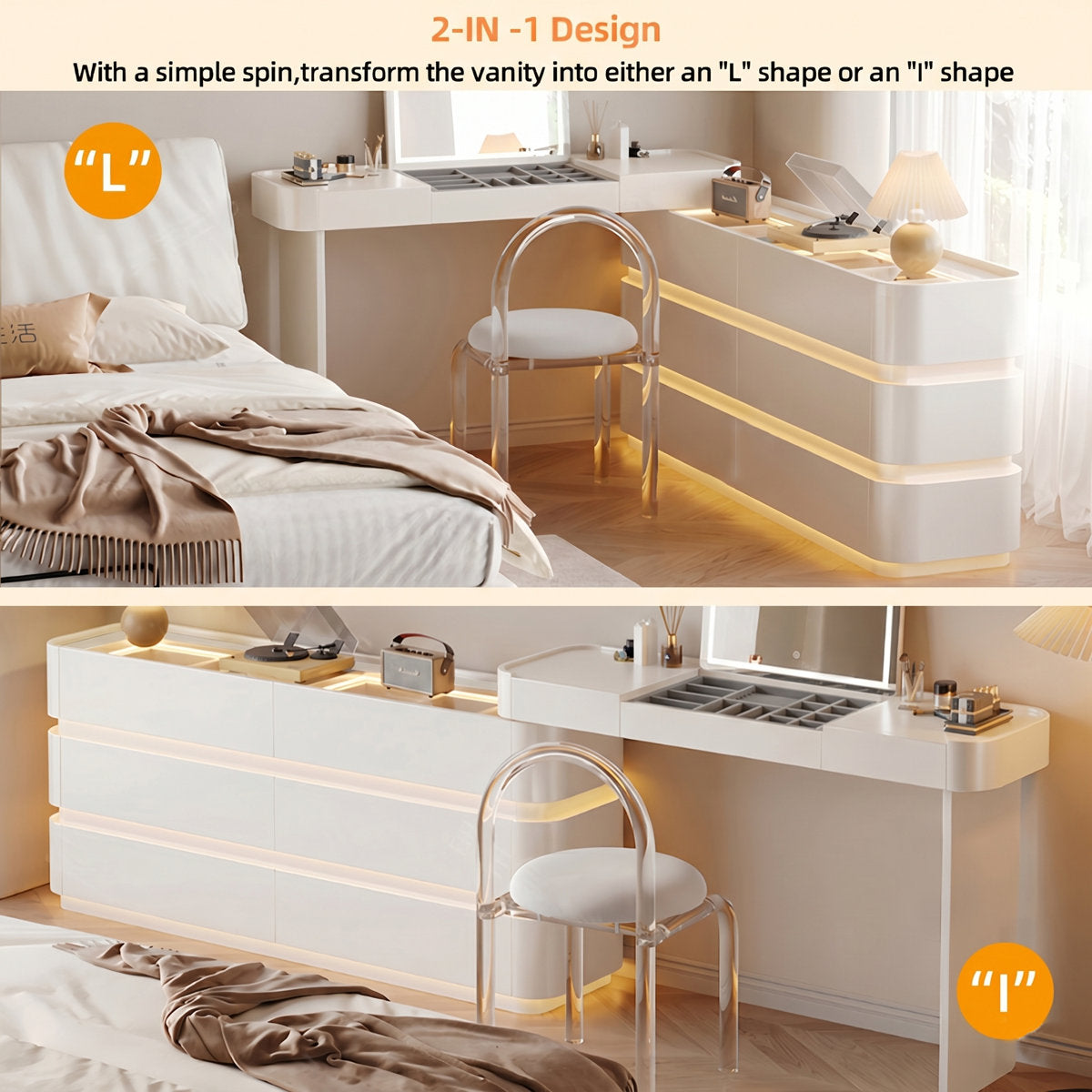 Extendable 47.24"–89.76" Cream White Vanity Desk 8-Drawer Storage, Glass-Top Display & Jewelry Organizer, Adjustable 3-Color Lighting Mirror Makeup Vanity - View 9