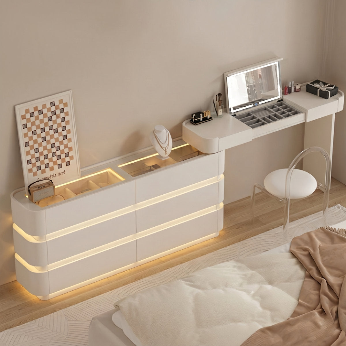 Extendable 47.24"–89.76" Cream White Vanity Desk 8-Drawer Storage, Glass-Top Display & Jewelry Organizer, Adjustable 3-Color Lighting Mirror Makeup Vanity - View 12