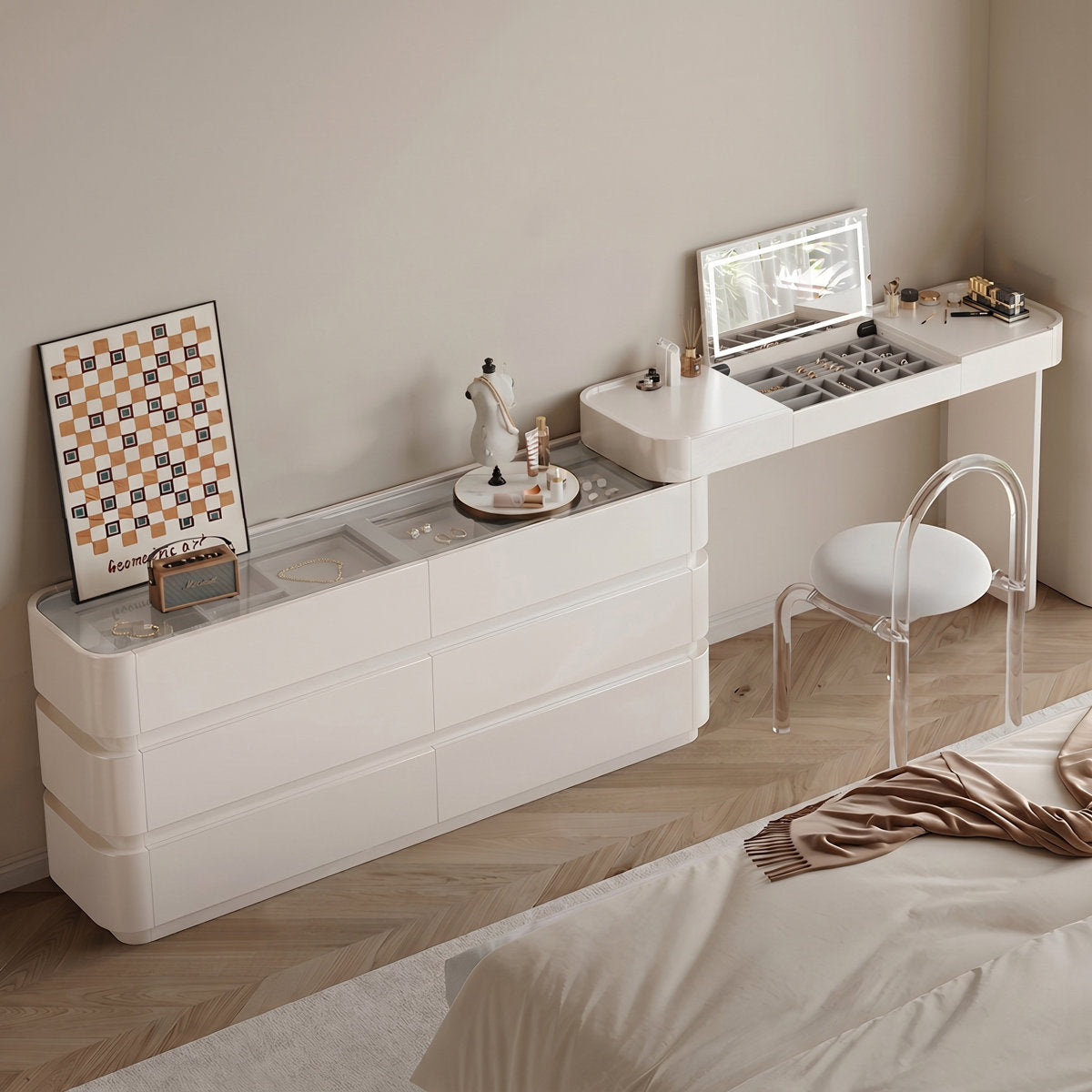 Extendable 47.24"–89.76" Cream White Vanity Desk 8-Drawer Storage, Glass-Top Display & Jewelry Organizer, Adjustable 3-Color Lighting Mirror Makeup Vanity - View 3