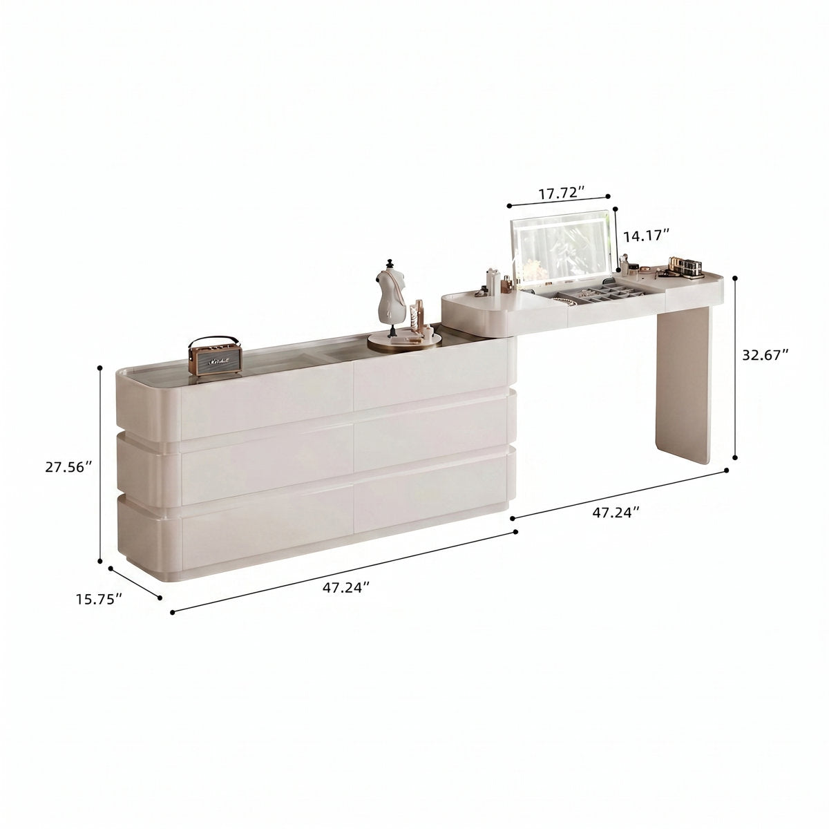 Extendable 47.24"–89.76" Cream White Vanity Desk 8-Drawer Storage, Glass-Top Display & Jewelry Organizer, Adjustable 3-Color Lighting Mirror Makeup Vanity - View 11