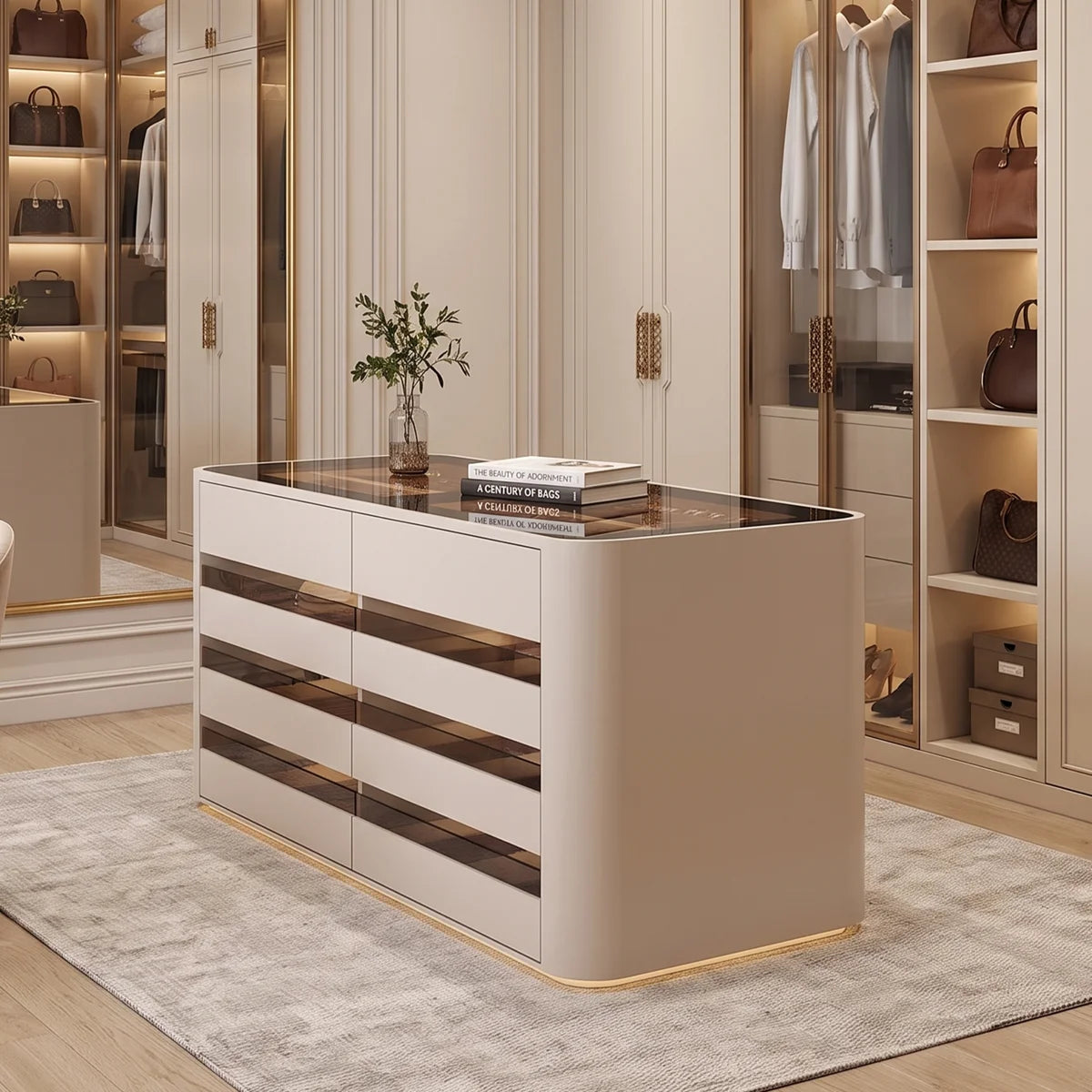 59.05'' Modern glass countertop jewelry cabinet with LED lighting and multiple drawers design