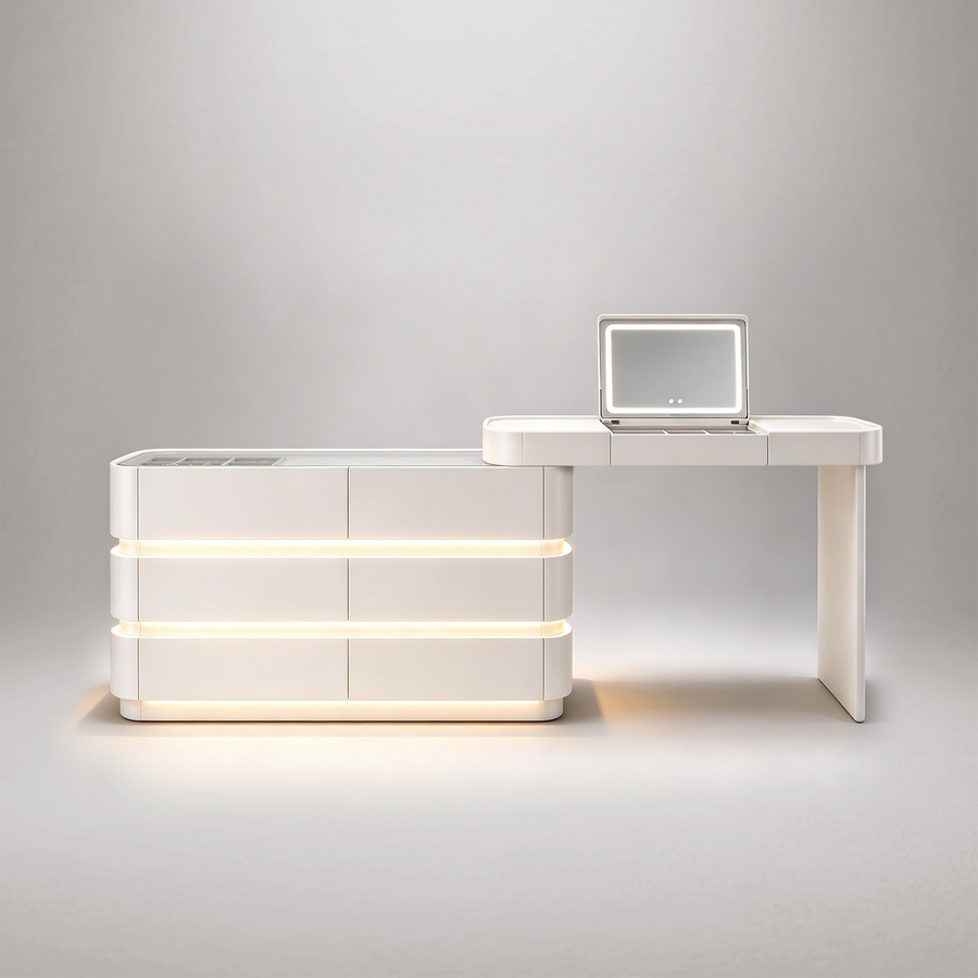 47.24 - 89.76" Modern style retractable dressing table, featuring 8 drawers, glass countertop storage rack and three-color LED mirror