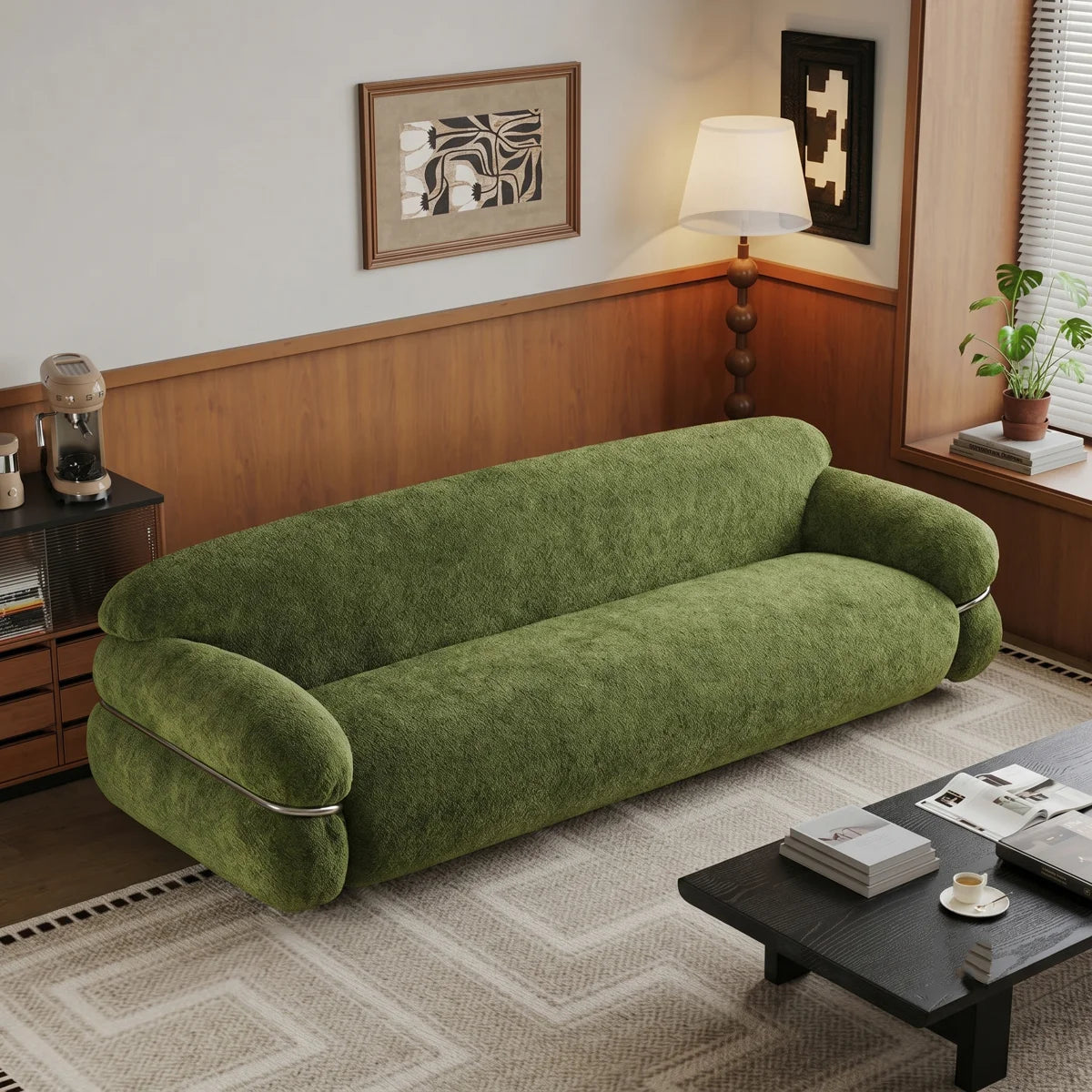 94.5" Mid-Century Modern Curved Sofa, 3-Seater Green Chenille