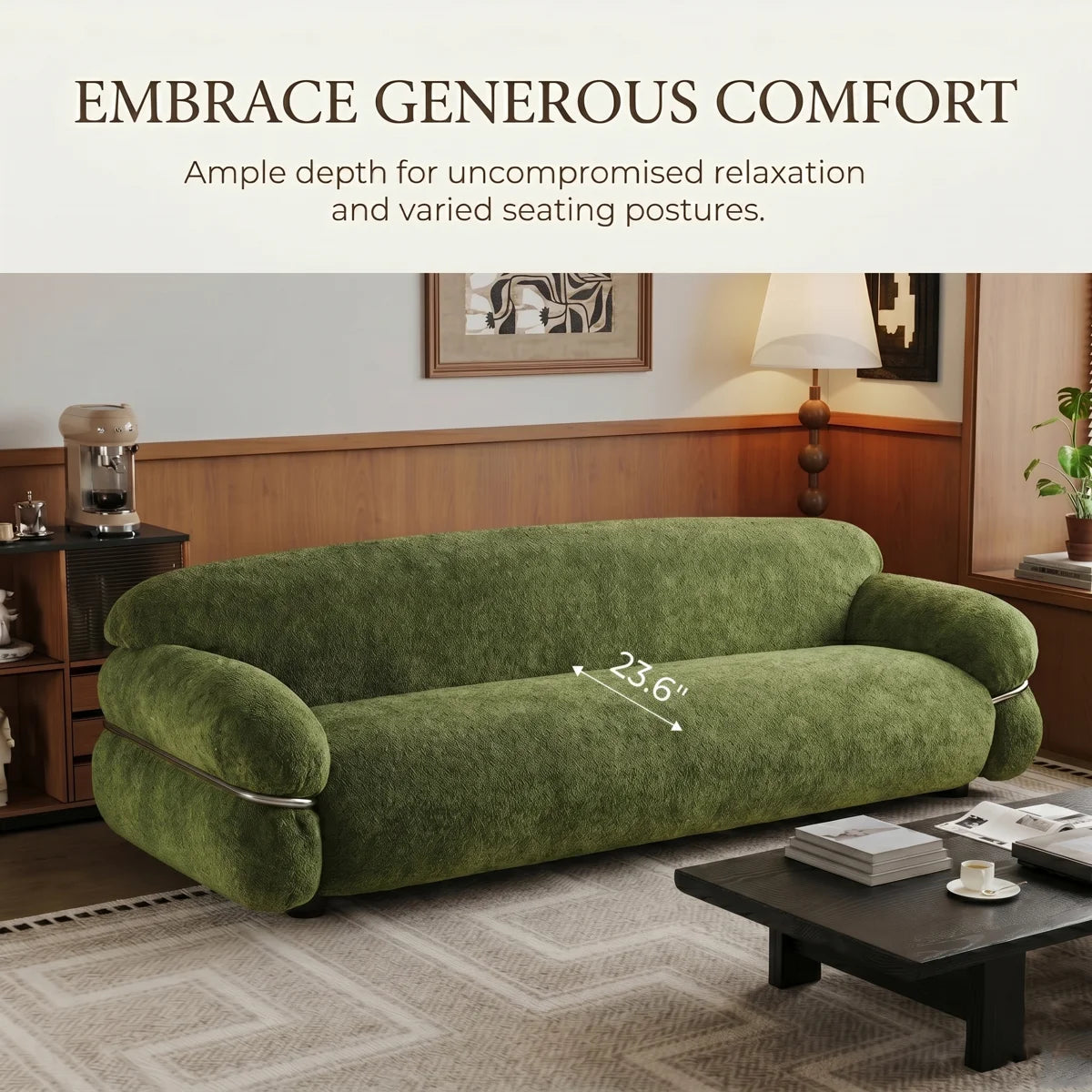 94.5" Mid-Century Modern Curved Sofa, 3-Seater Green Chenille