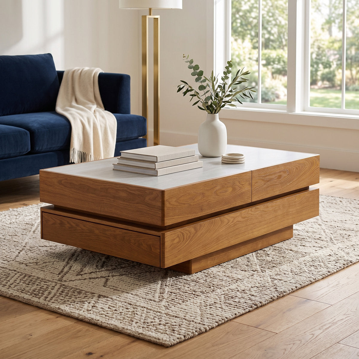 Modern Expandable Slide-Top Coffee Table with Deep Hidden Storage Compartments and Dual Drawers - View 11