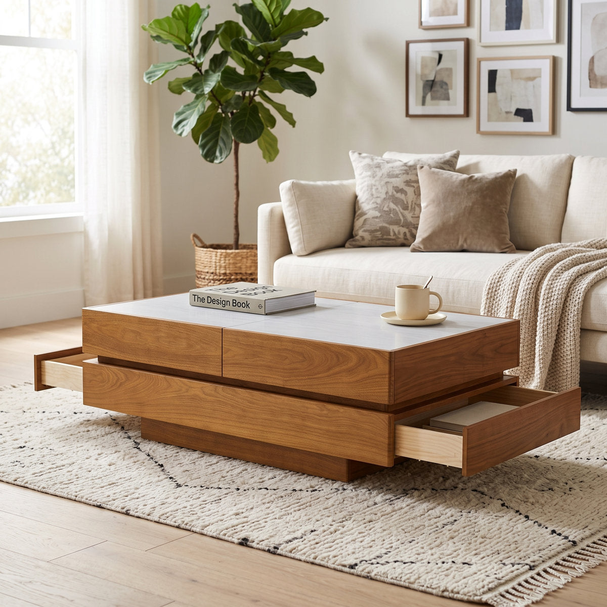 Modern Expandable Slide-Top Coffee Table with Deep Hidden Storage Compartments and Dual Drawers - View 2