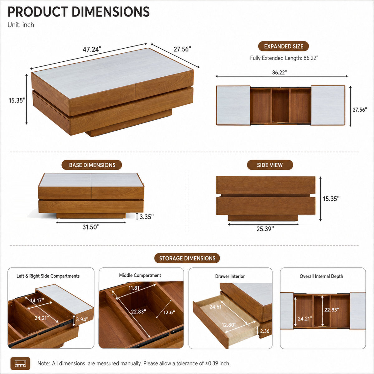 Modern Expandable Slide-Top Coffee Table with Deep Hidden Storage Compartments and Dual Drawers - View 9