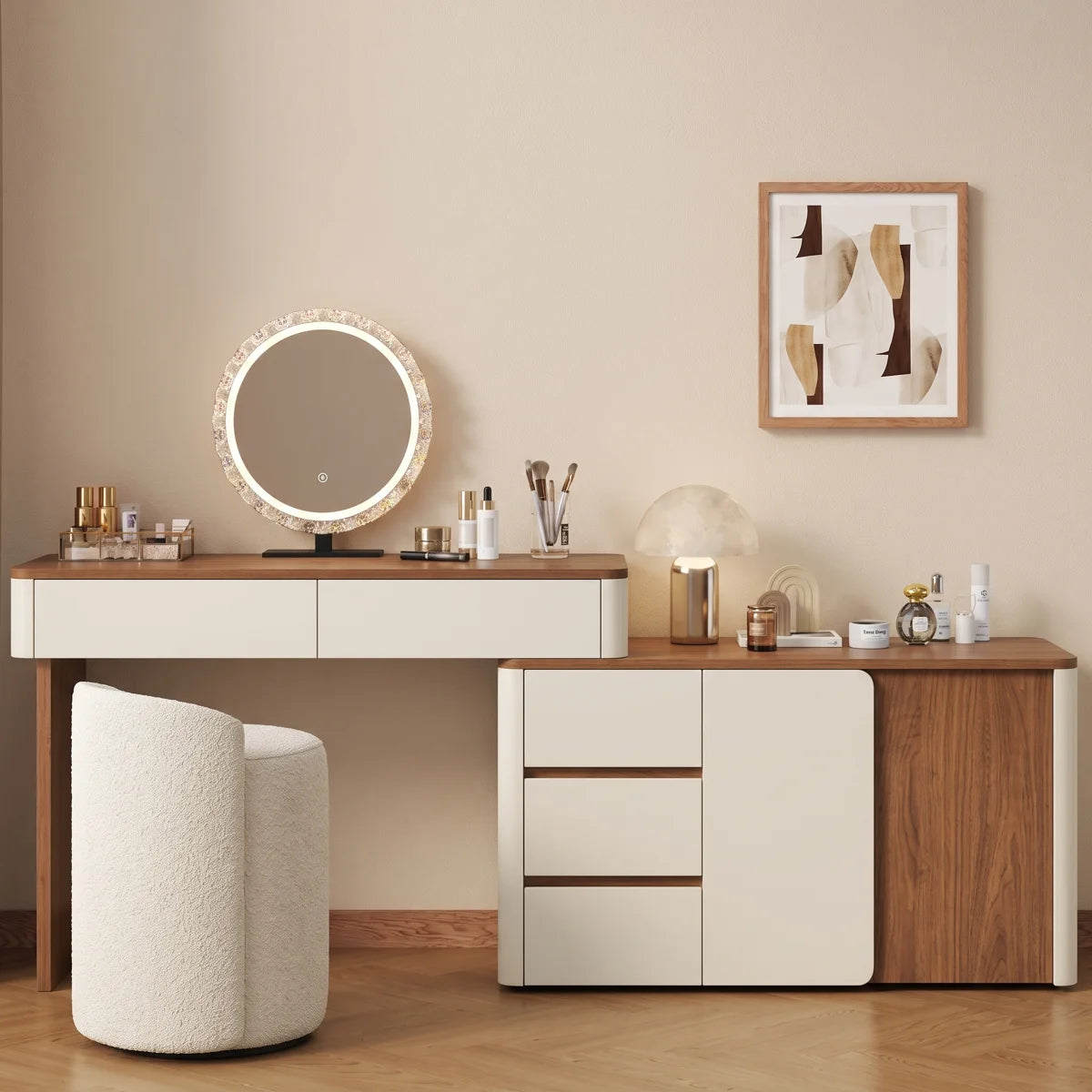 47.2'' modern style extendable dressing table, equipped with 5 drawers and 2 layers of storage shelves