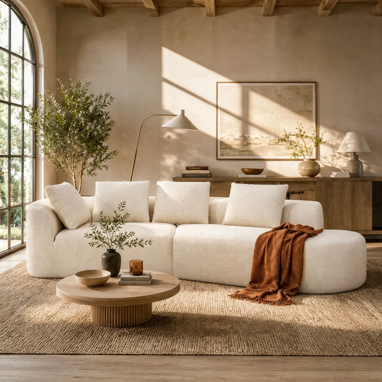 116" Cream Pearl Curved Sectional Sofa, 6-Seater with Reversible Chaise