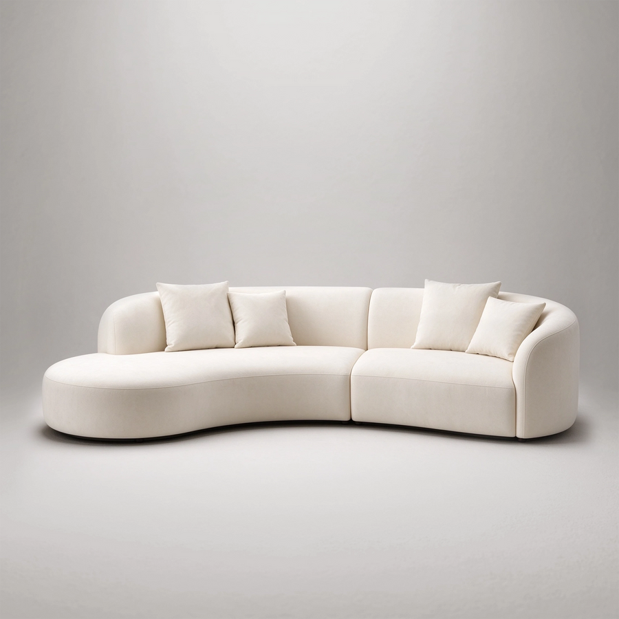133.85" Curved 4-Seater Sofa, Cream Velvet Upholstery