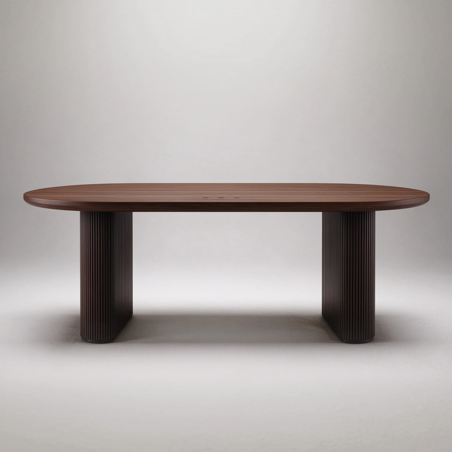 78.74" Modern walnut-colored oval dining table, with a 2-inch thick tabletop and black recessed double base, capable of seating 6-8 people