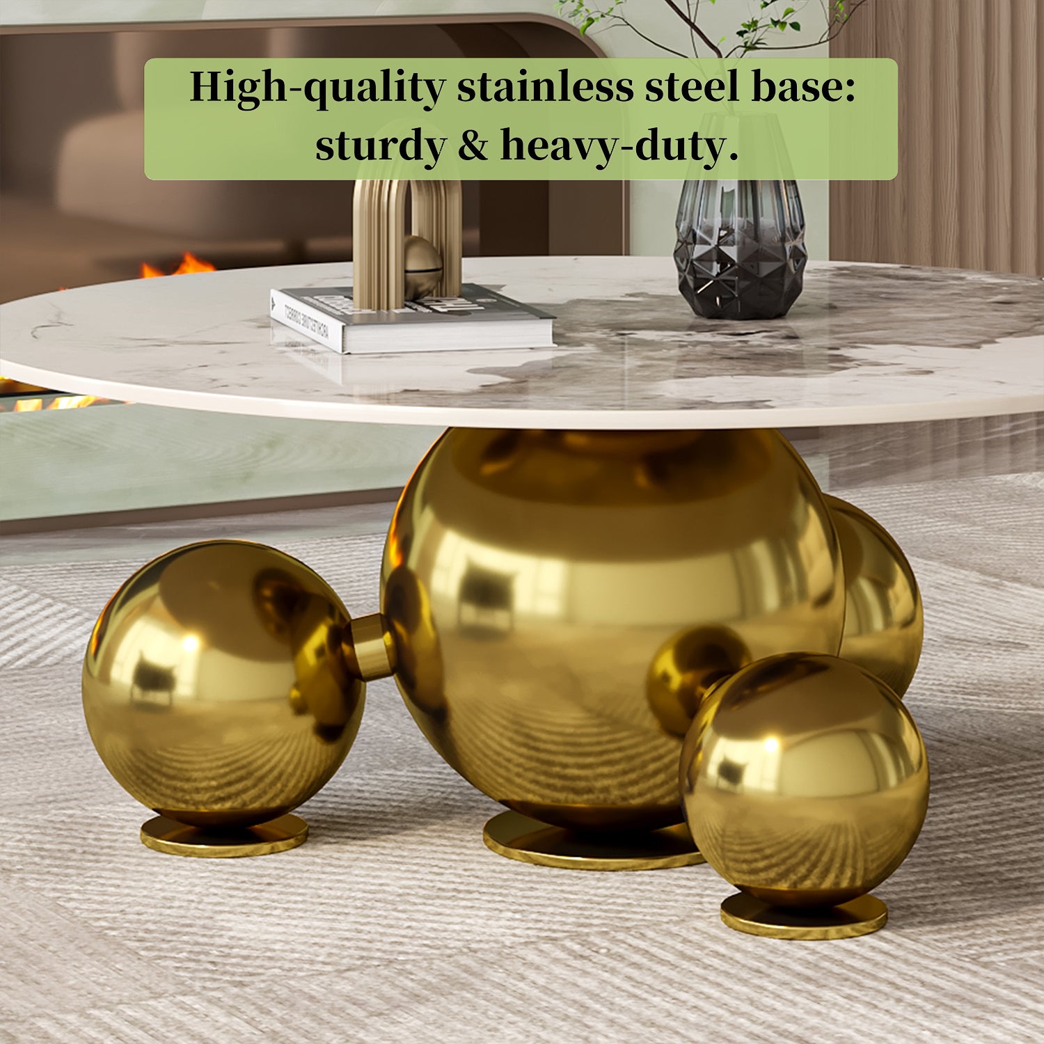 Modern Light Luxury Coffee Table with Marbled Tabletop & Gold Spherical Metal Base, 35.43" Wide