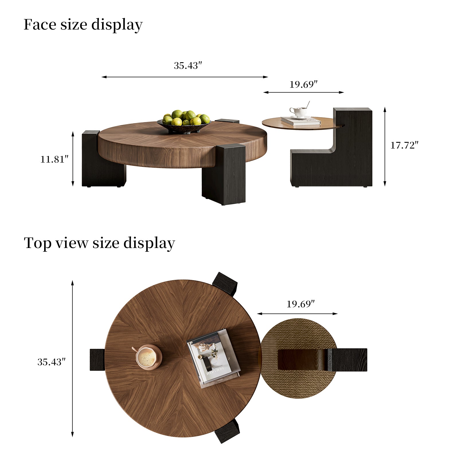 Mid-century coffee table - Round coffee table Walnut & Clear HD Glass Top with Stable Geometric Legs