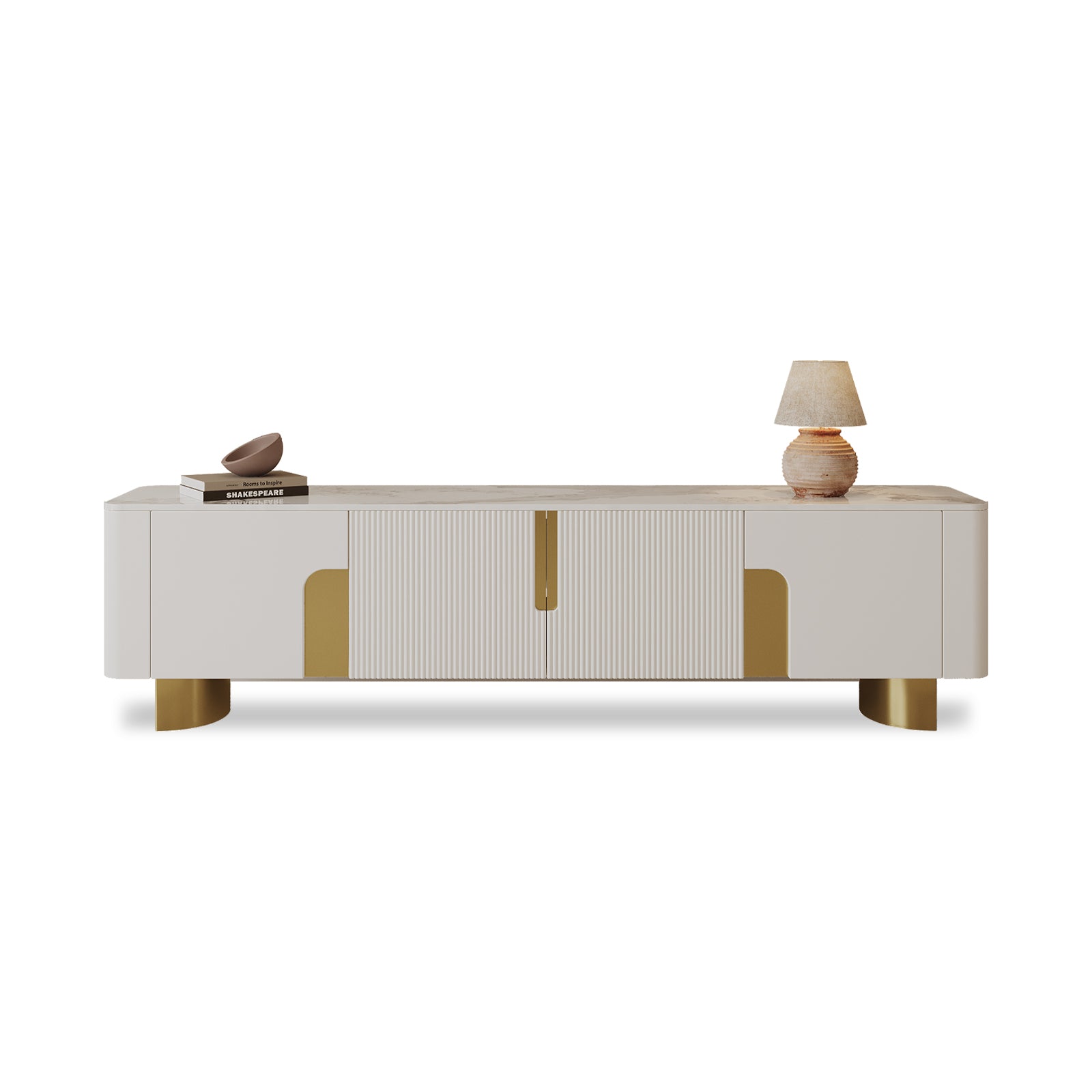 78.74'' Modern Faux Marble TV Stand with Gold Stainless Steel Base and 4 Storage Cabinets