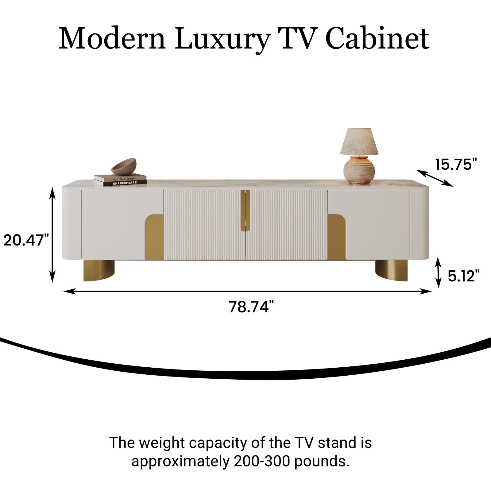 78.74'' Modern Faux Marble TV Stand with Gold Stainless Steel Base and 4 Storage Cabinets