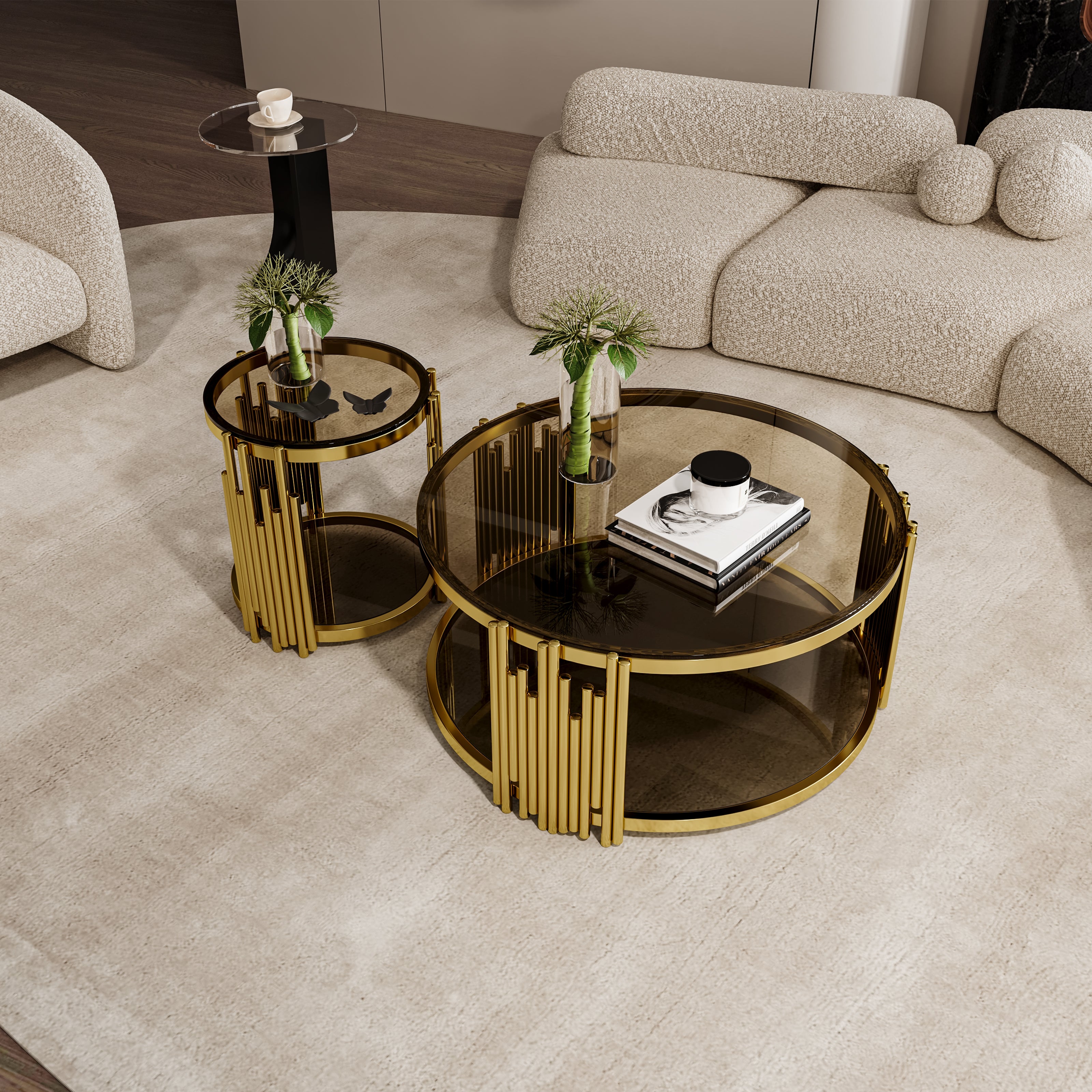 Modern Luxury Nesting Coffee Table Set - Gold Metal Frame & Smoked Glass Top (35.43" L)