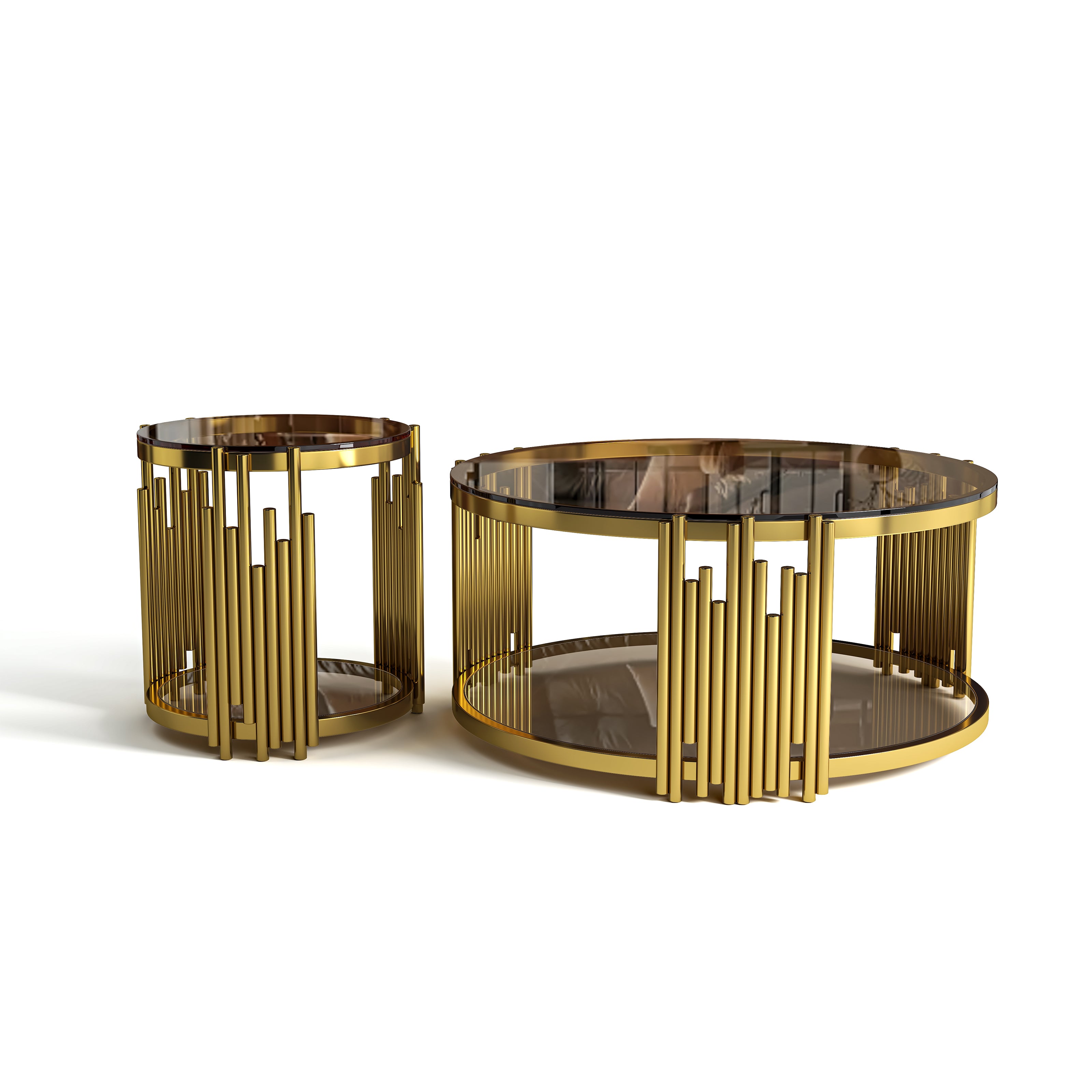 Modern Luxury Nesting Coffee Table Set - Gold Metal Frame & Smoked Glass Top (35.43" L)