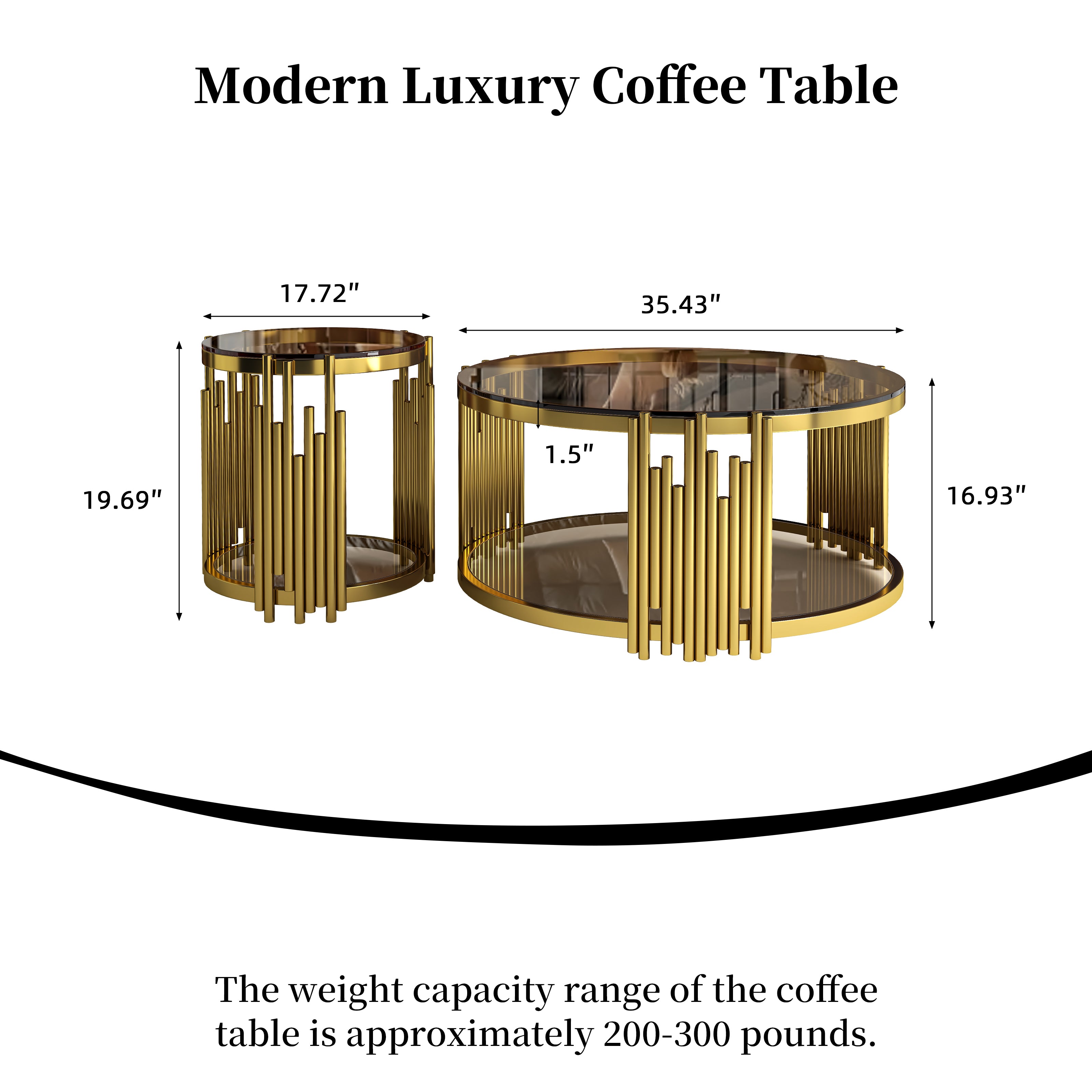 Modern Luxury Nesting Coffee Table Set - Gold Metal Frame & Smoked Glass Top (35.43" L)