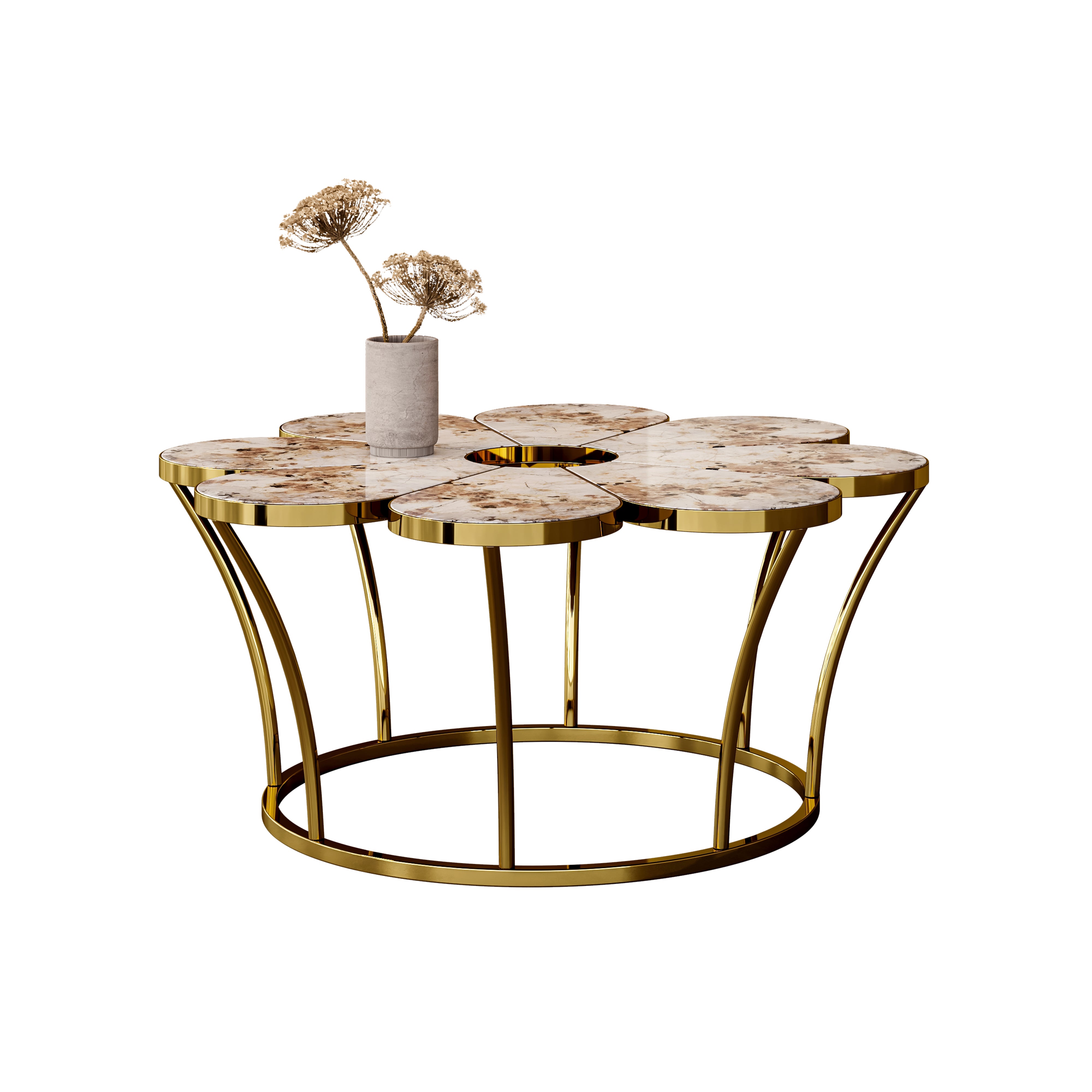 Flower-shaped faux marble coffee table with polished gold stainless steel base