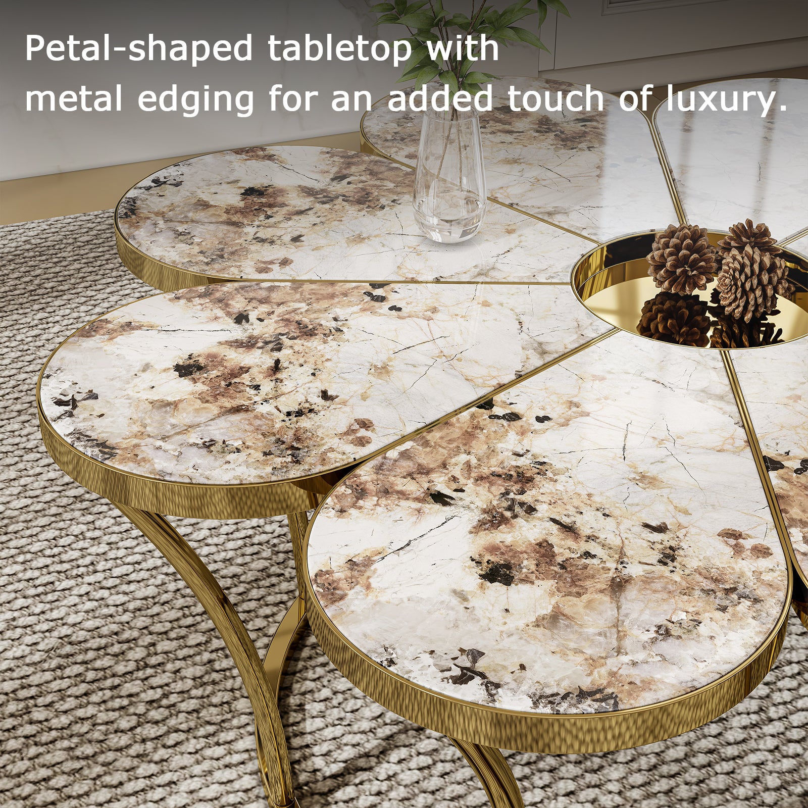 Flower-shaped faux marble coffee table with polished gold stainless steel base