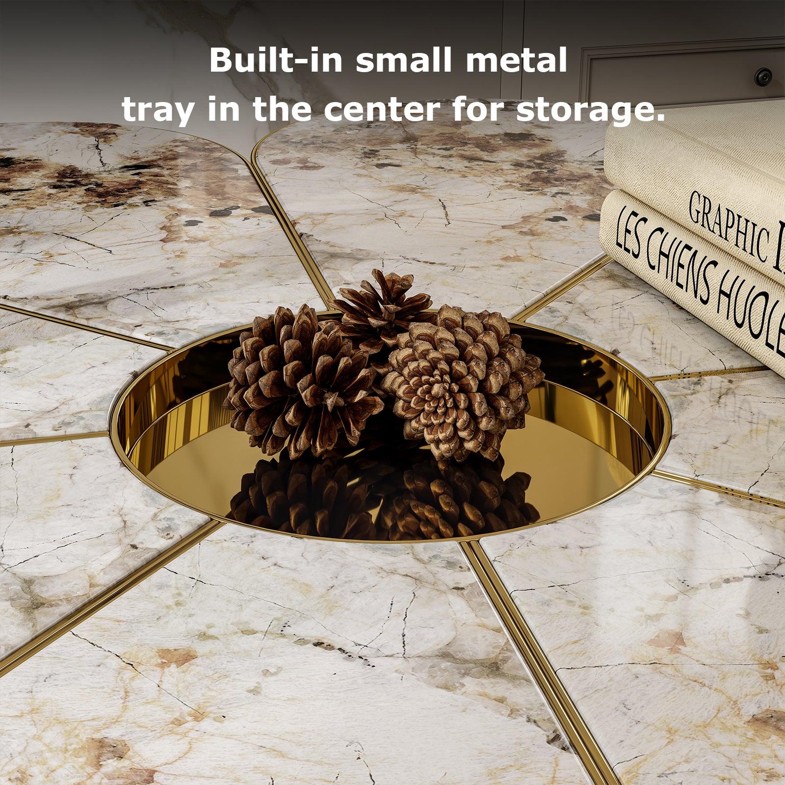 Flower-shaped faux marble coffee table with polished gold stainless steel base