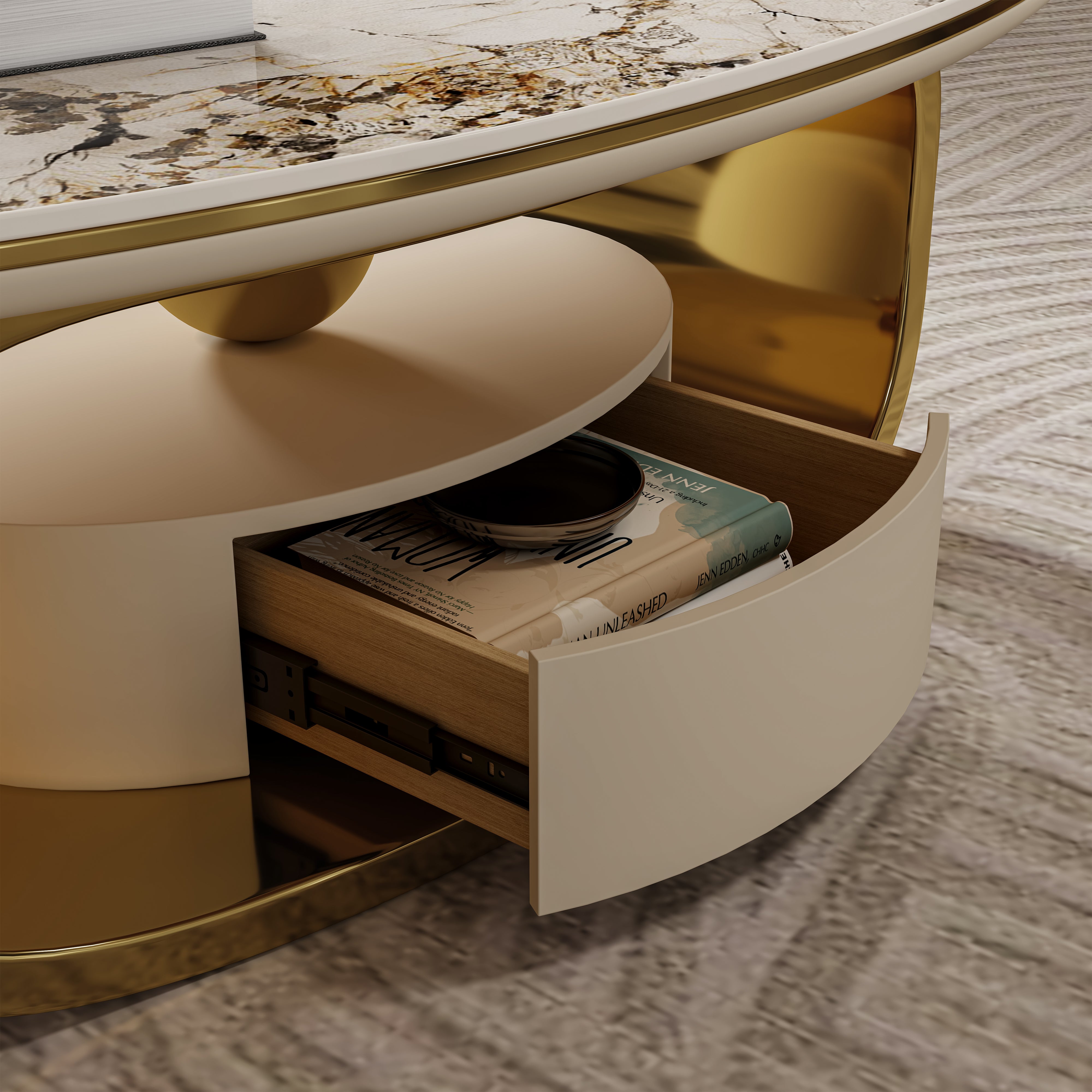 Modern Luxury Coffee Table: Scratch-Resistant Faux Marble Surface, Polished Gold Frame & Hidden Drawer