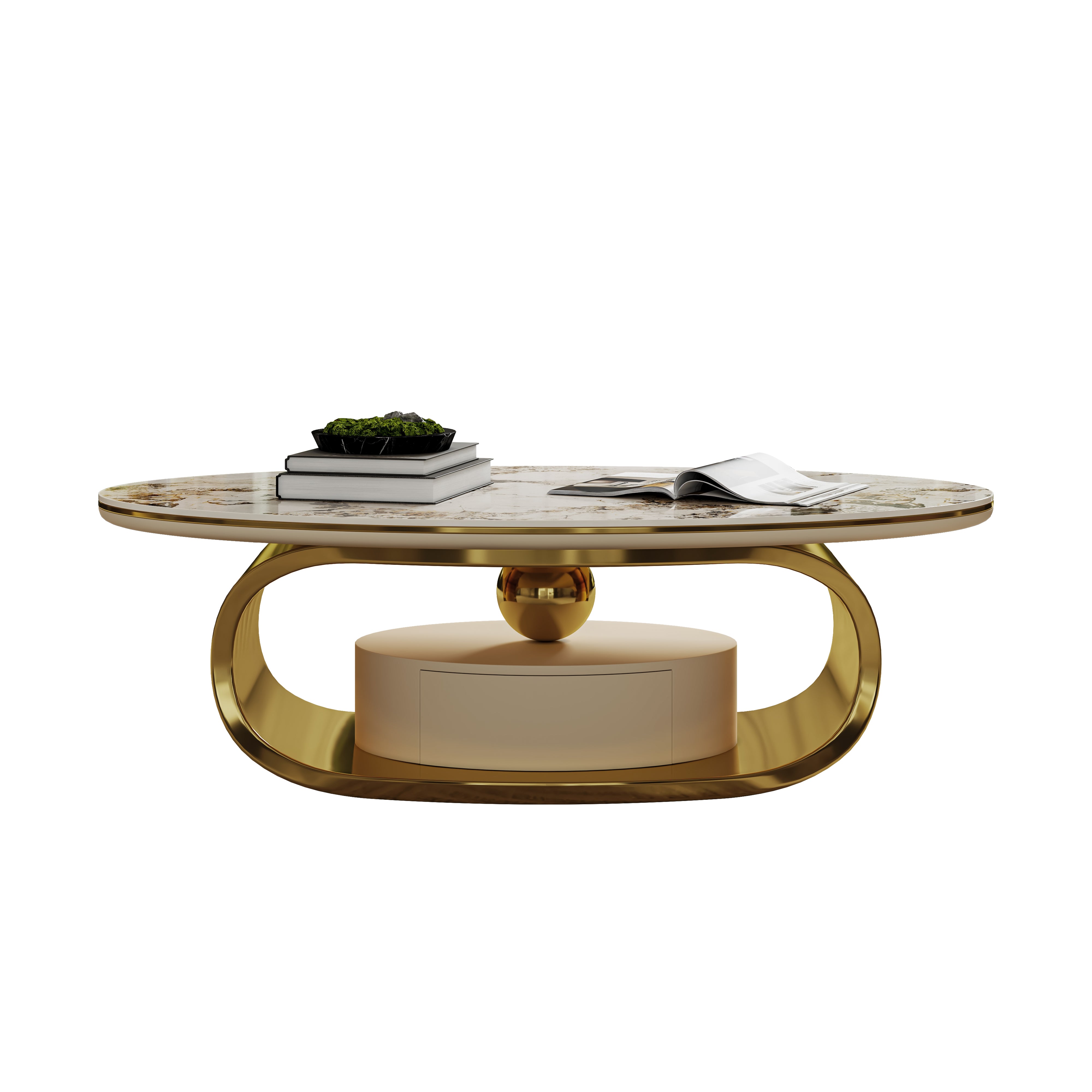 Modern Luxury Coffee Table: Scratch-Resistant Faux Marble Surface, Polished Gold Frame & Hidden Drawer