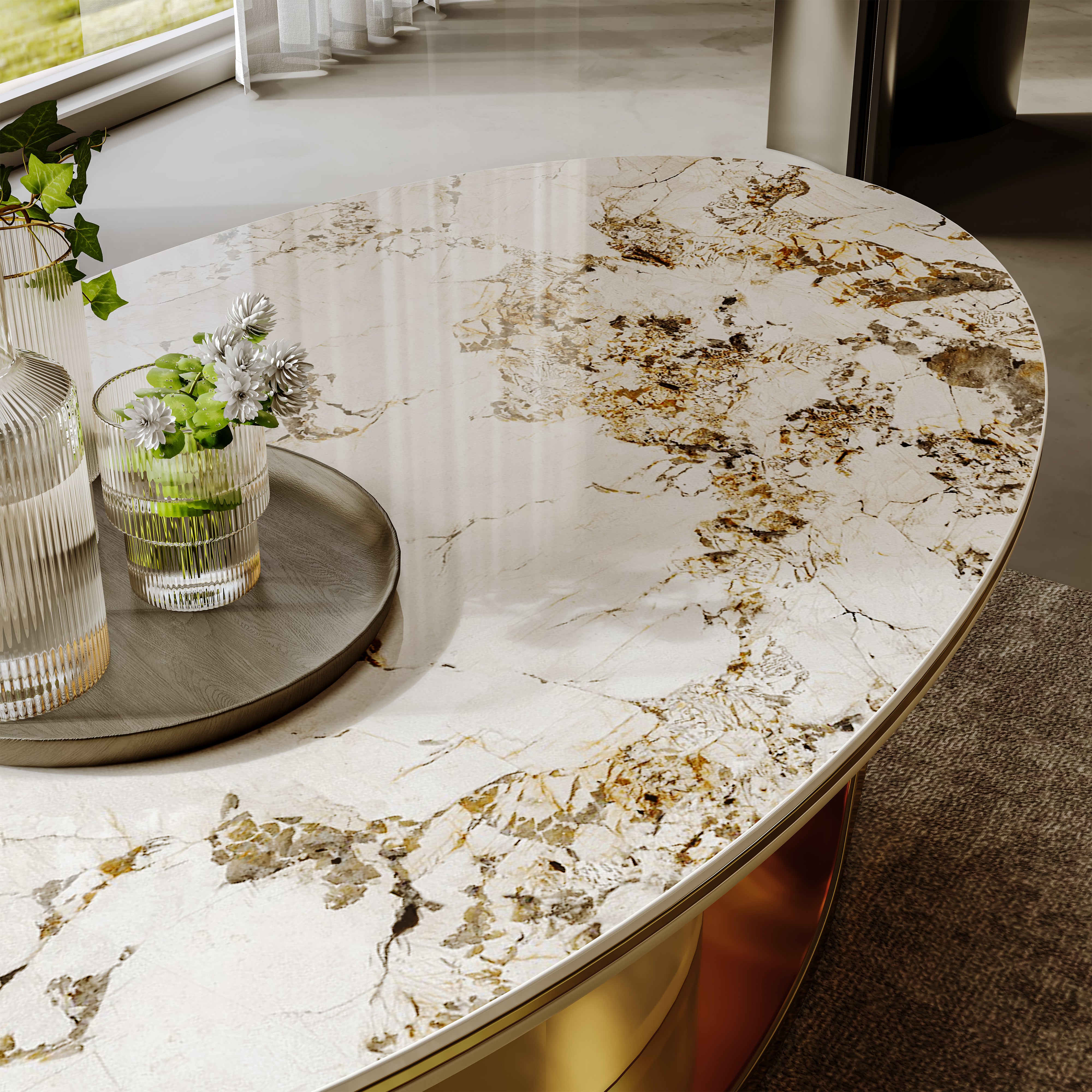 Modern Luxury Coffee Table: Scratch-Resistant Faux Marble Surface, Polished Gold Frame & Hidden Drawer