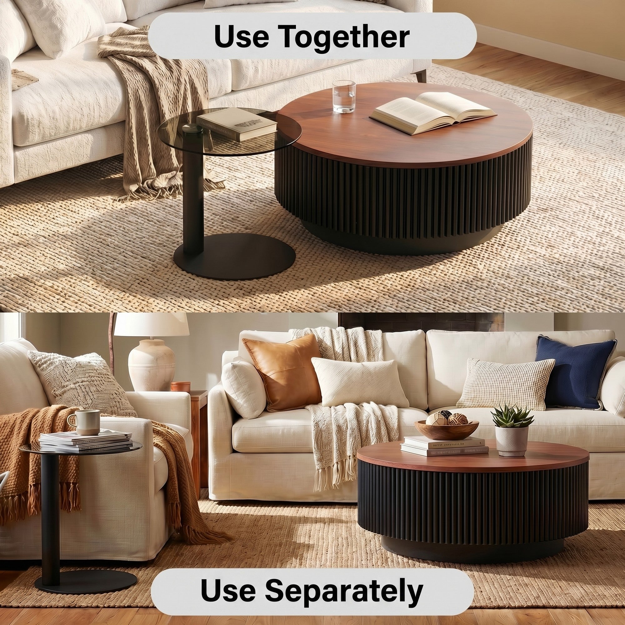 2-Piece Round Fluted Coffee Table Set with Drawers and Tempered Glass Side Table - View 2