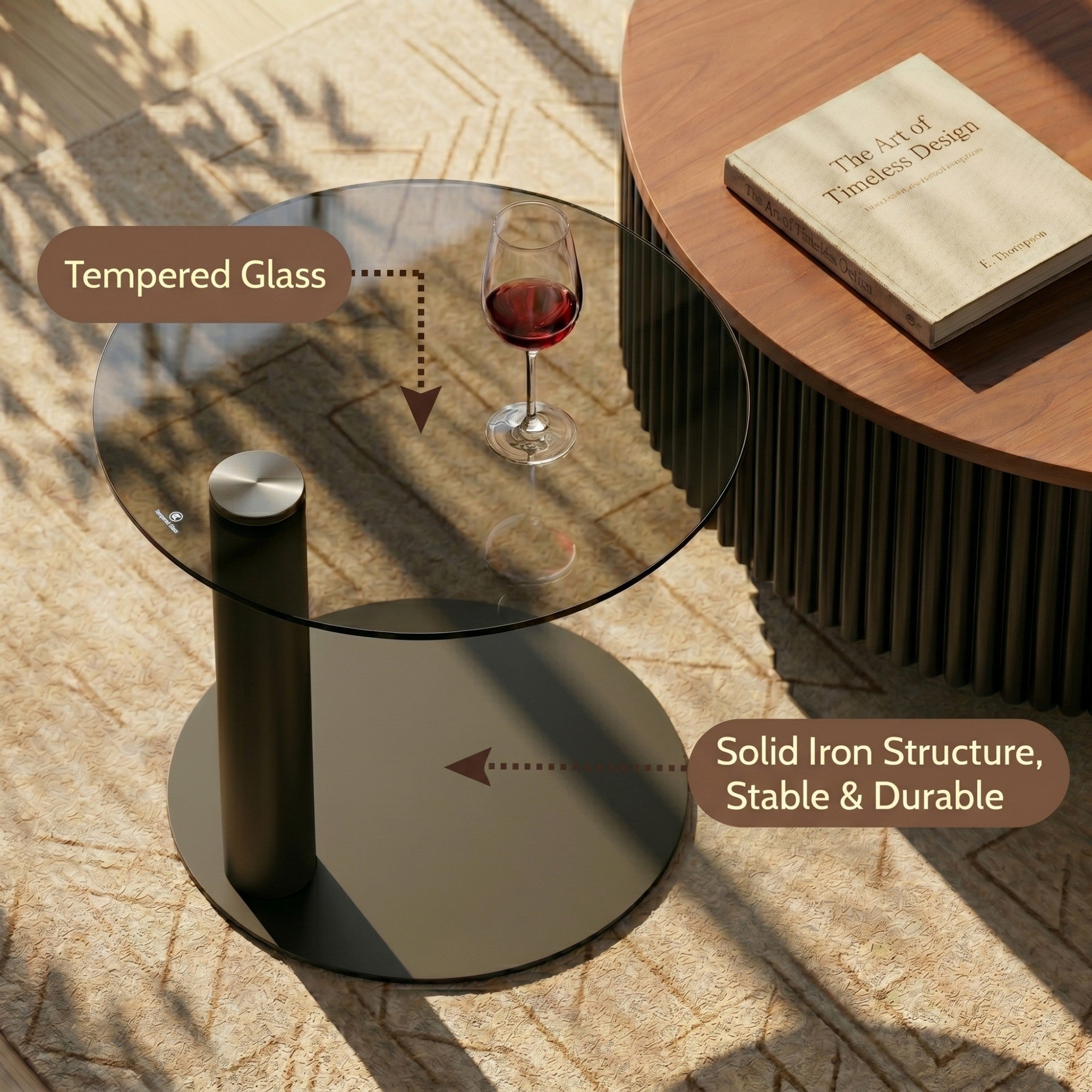 2-Piece Round Fluted Coffee Table Set with Drawers and Tempered Glass Side Table - View 5