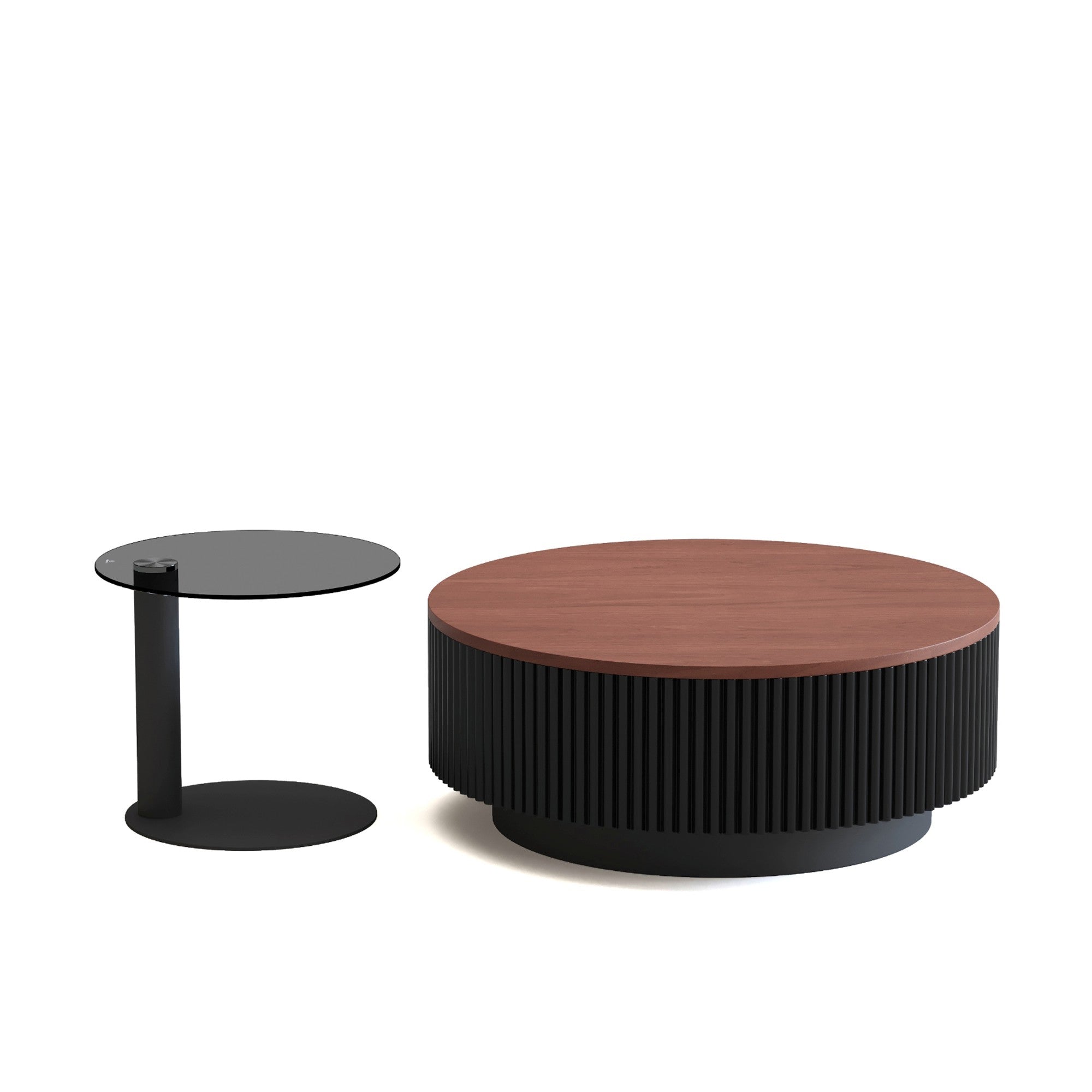 2-Piece Round Fluted Coffee Table Set with Drawers and Tempered Glass Side Table - View 12