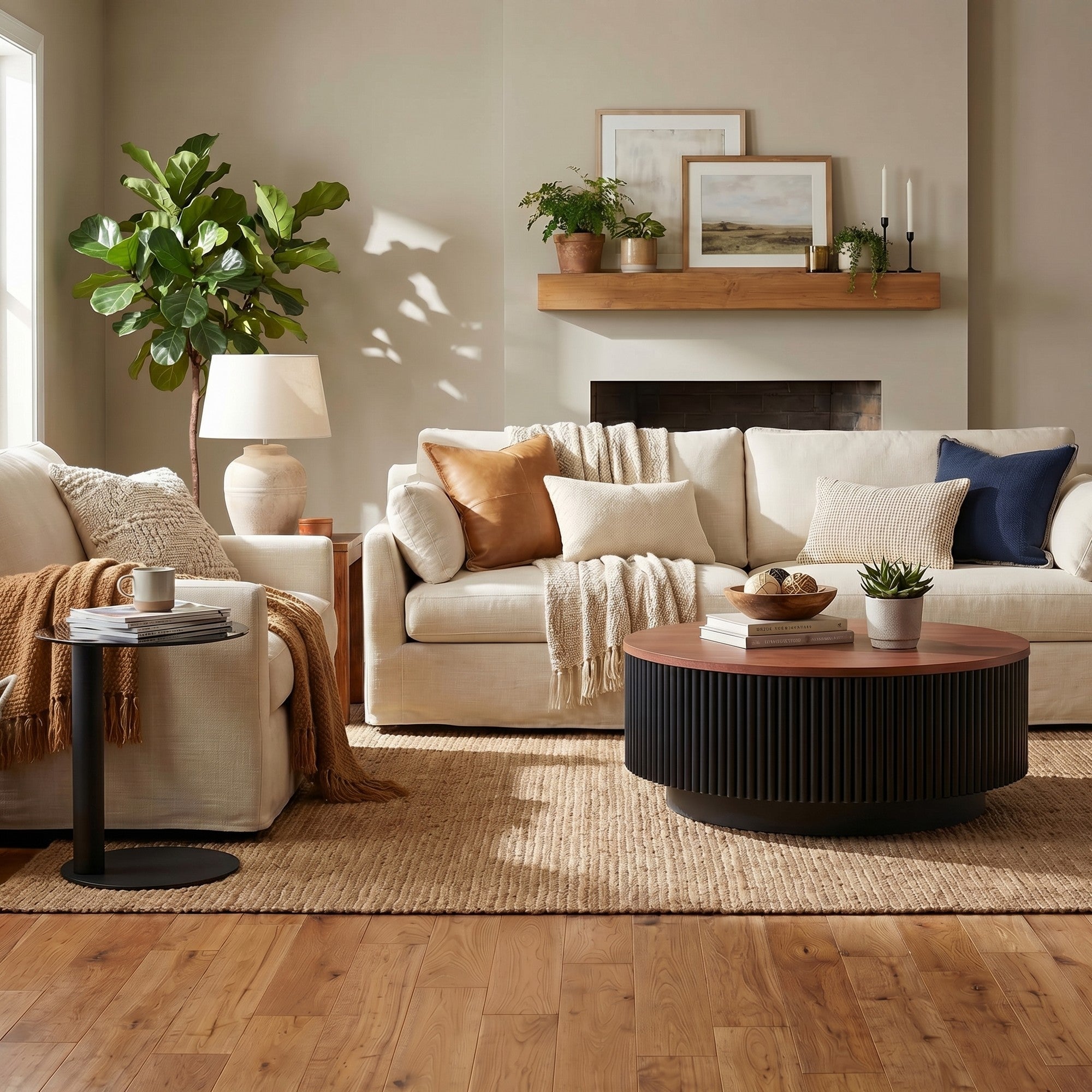2-Piece Round Fluted Coffee Table Set with Drawers and Tempered Glass Side Table - View 3