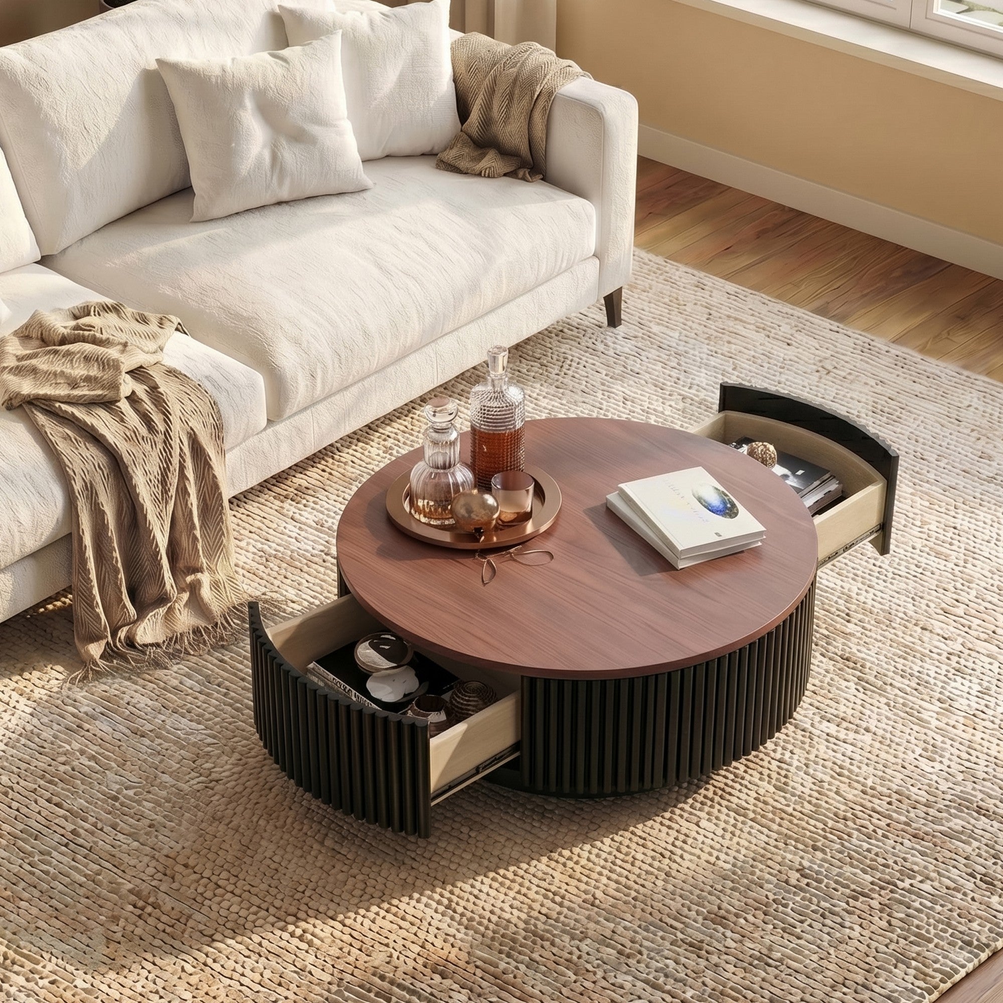 2-Piece Round Fluted Coffee Table Set with Drawers and Tempered Glass Side Table - View 11