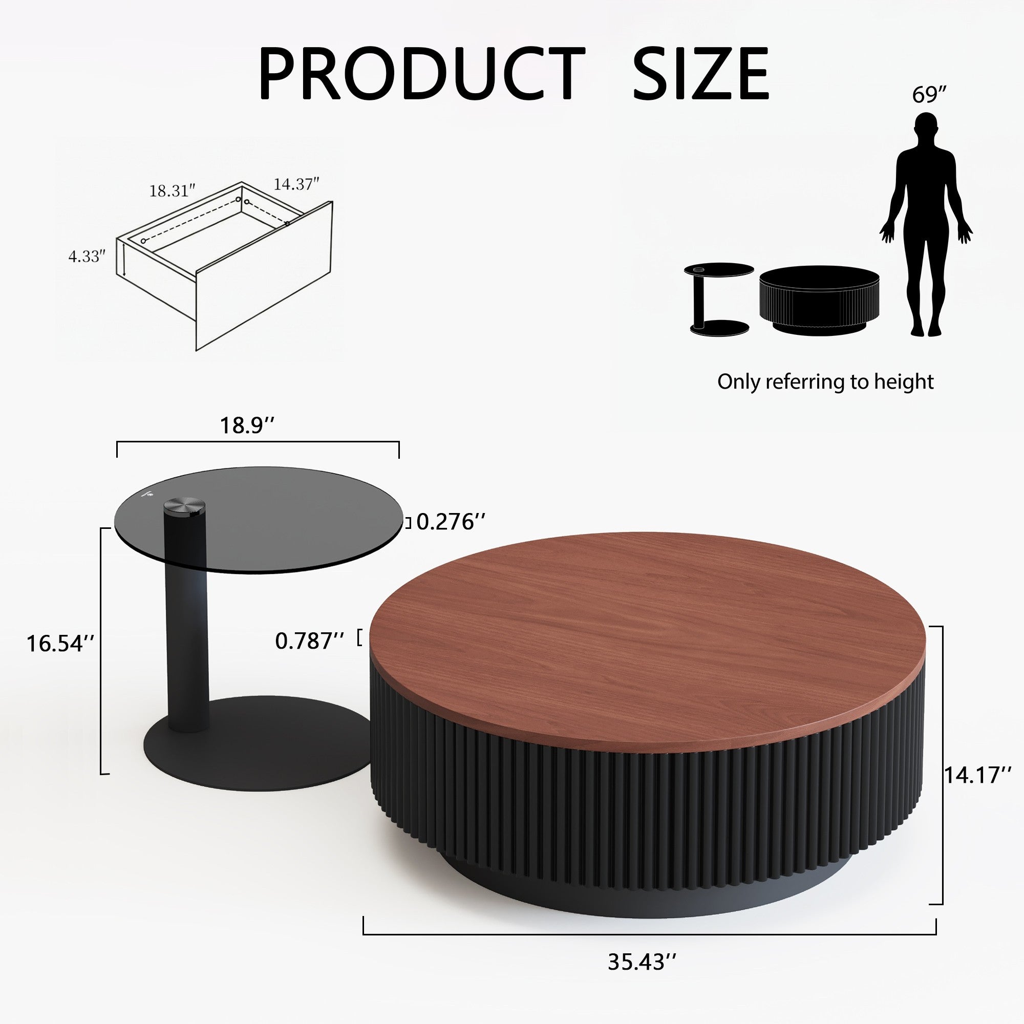 2-Piece Round Fluted Coffee Table Set with Drawers and Tempered Glass Side Table - View 7