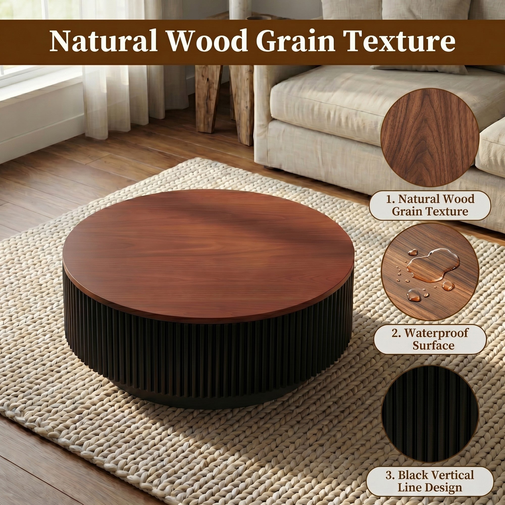 2-Piece Round Fluted Coffee Table Set with Drawers and Tempered Glass Side Table - View 4