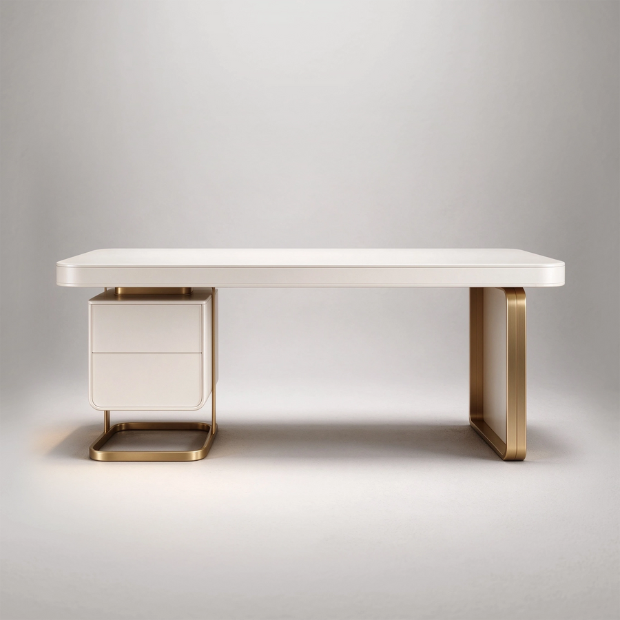 70.87" Executive Desk, Slate Top with Gold Metal Base & Built-In Charging