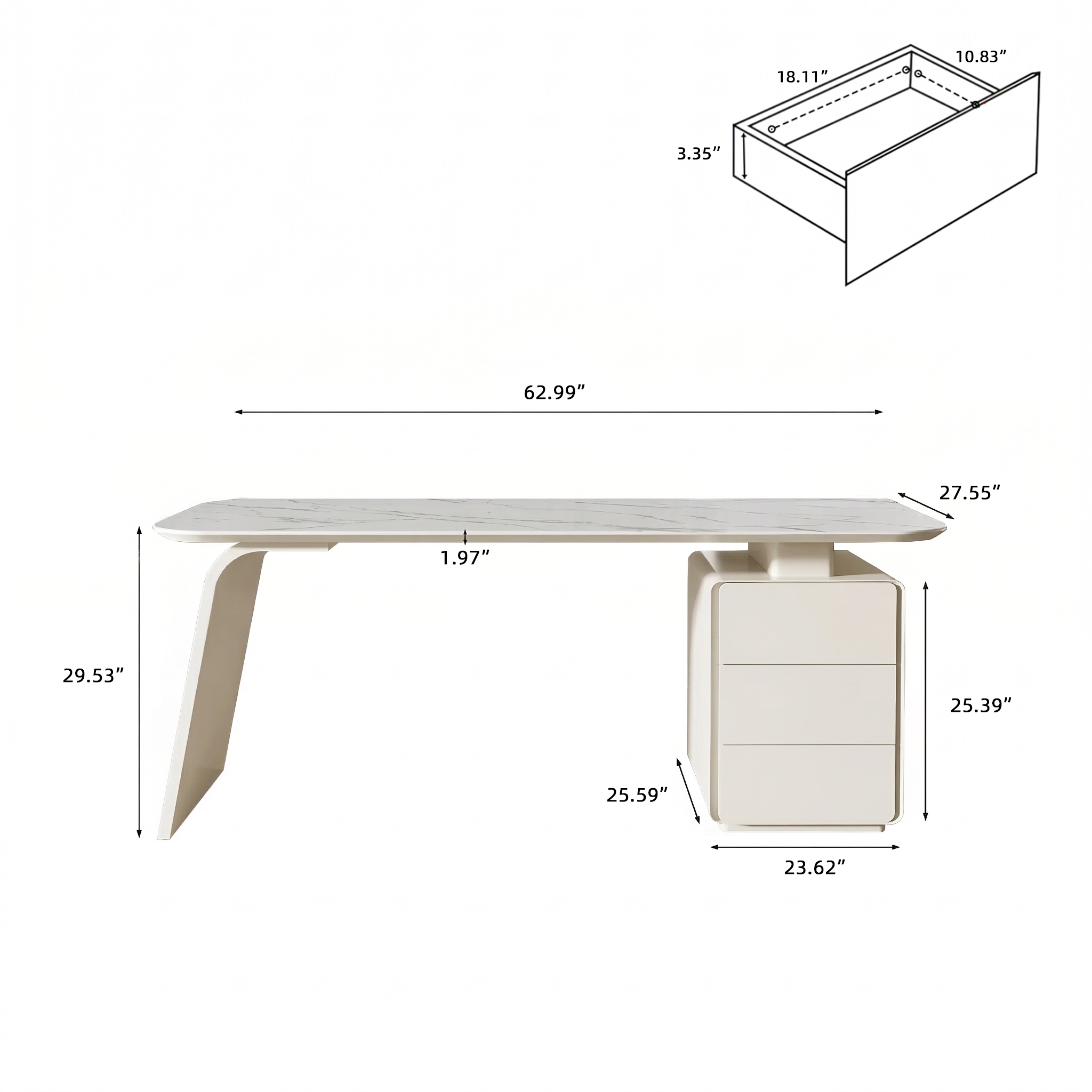 Modern Marble-Look Executive Desk with 3 Drawers, Power Strip and Wireless Charging - View 13