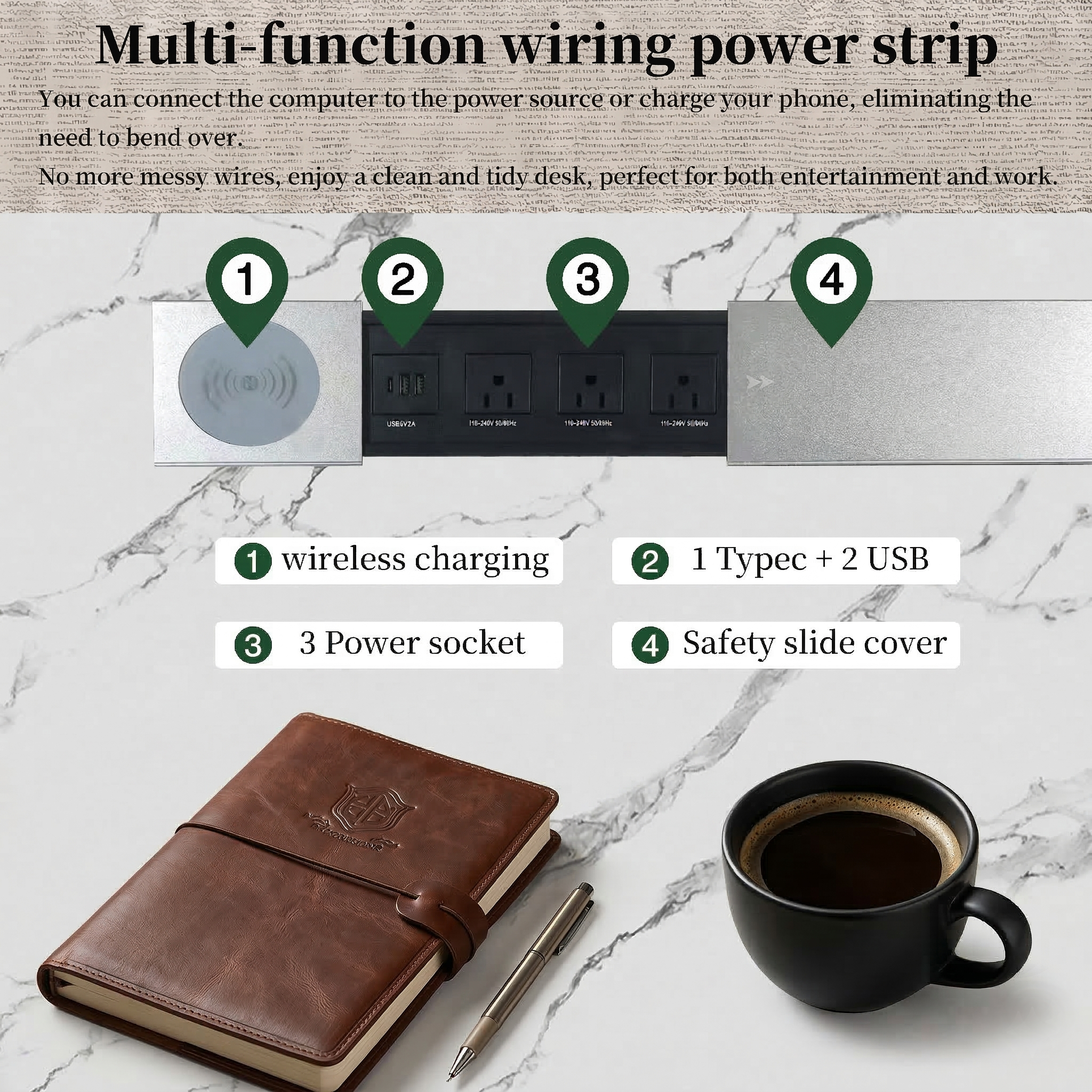 Modern Marble-Look Executive Desk with 3 Drawers, Power Strip and Wireless Charging - View 6