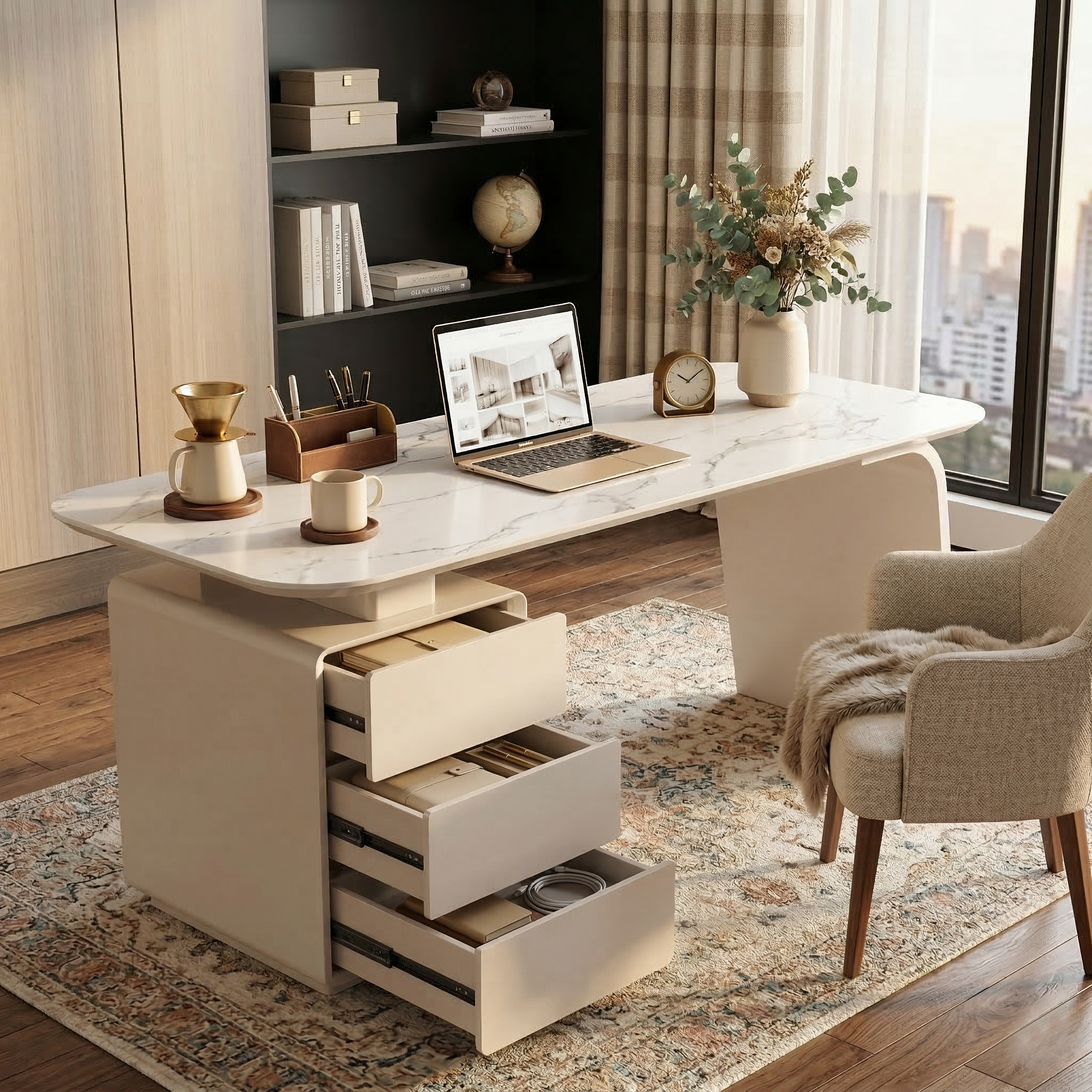 Modern Marble-Look Executive Desk with 3 Drawers, Power Strip and Wireless Charging - View 2