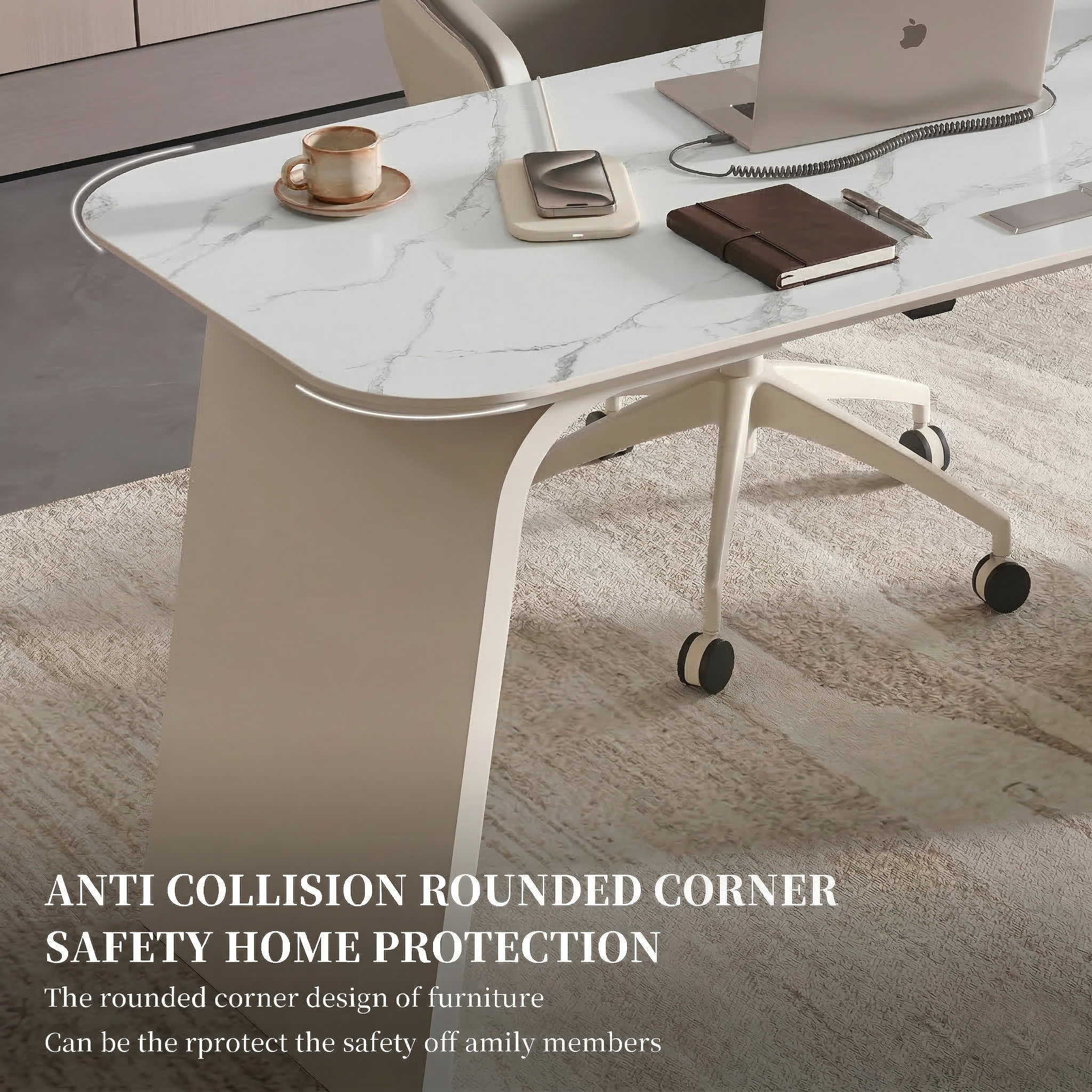 Modern Marble-Look Executive Desk with 3 Drawers, Power Strip and Wireless Charging - View 4
