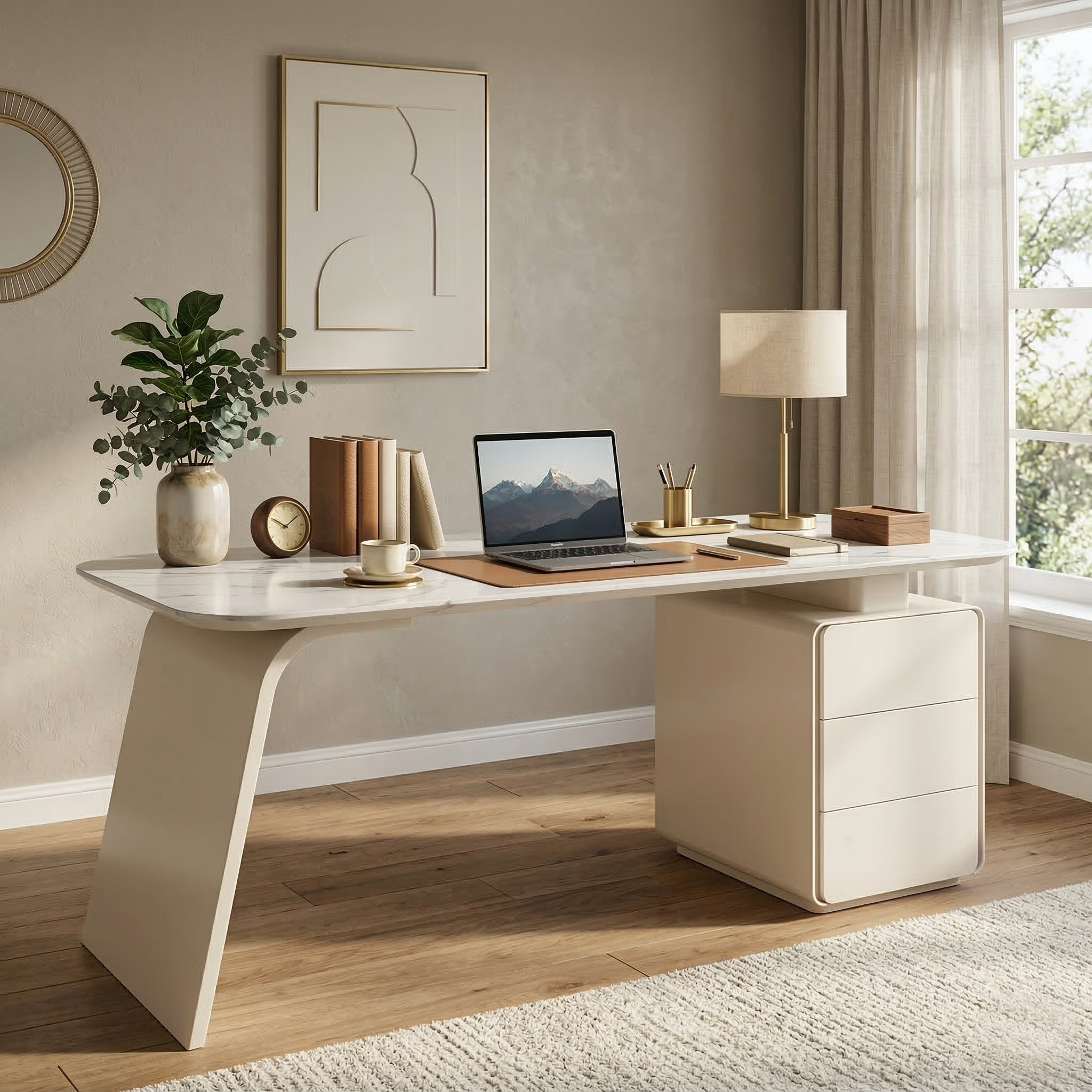 Modern Marble-Look Executive Desk with 3 Drawers, Power Strip and Wireless Charging - View 5