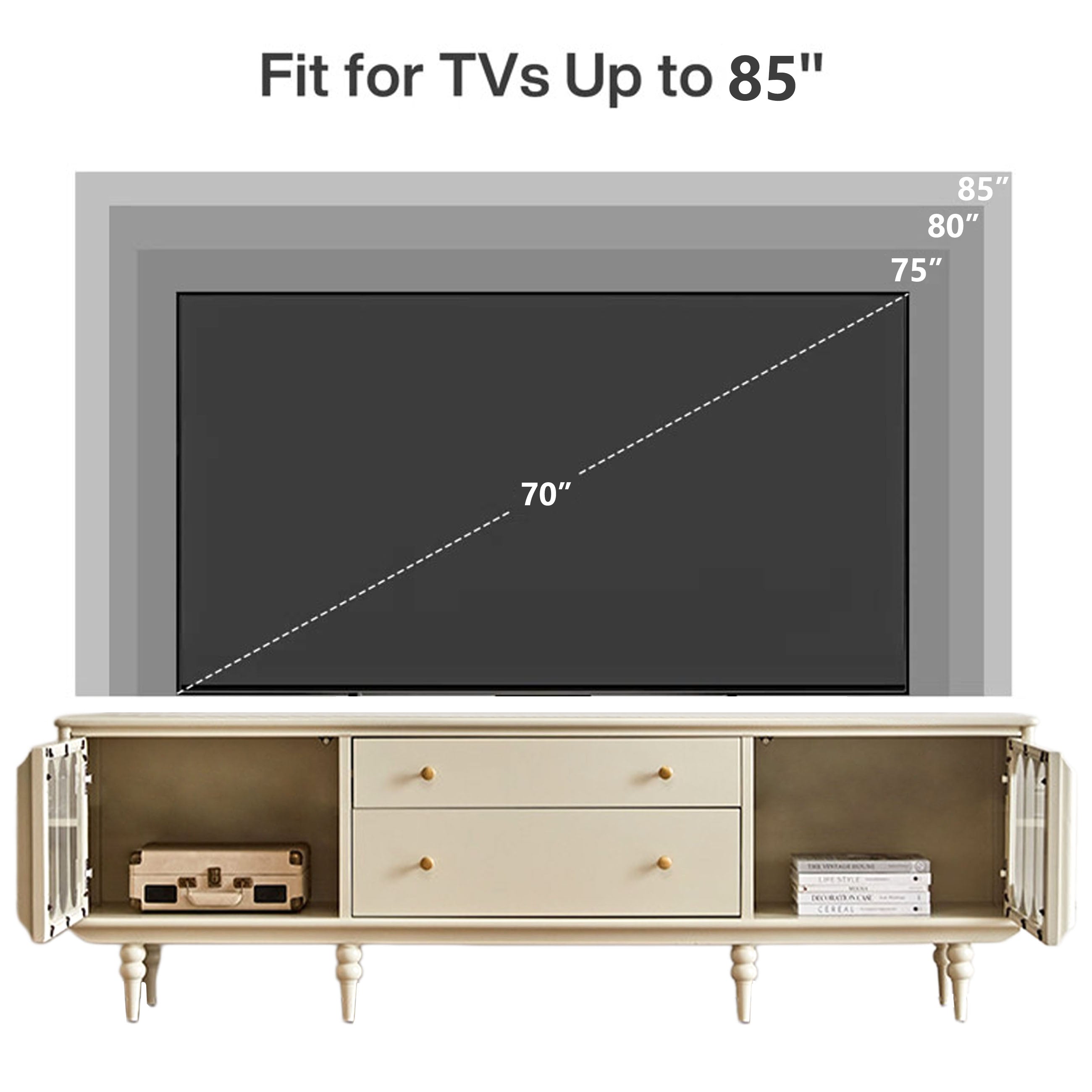 78.74" French Country TV Stand for 75-85 Inch TVs, Cream White TV Console with Arched Fluted Glass Doors & Storage Drawers